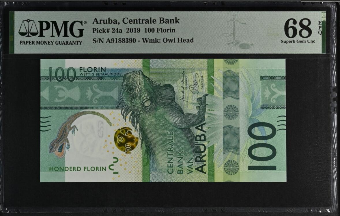 《张总收藏》165期-周日外币超精品 阿鲁巴2019年A冠100福林PMG68E亚军分无47 冠军69分仅7张 大蜥蜴 IBNS获奖钞
