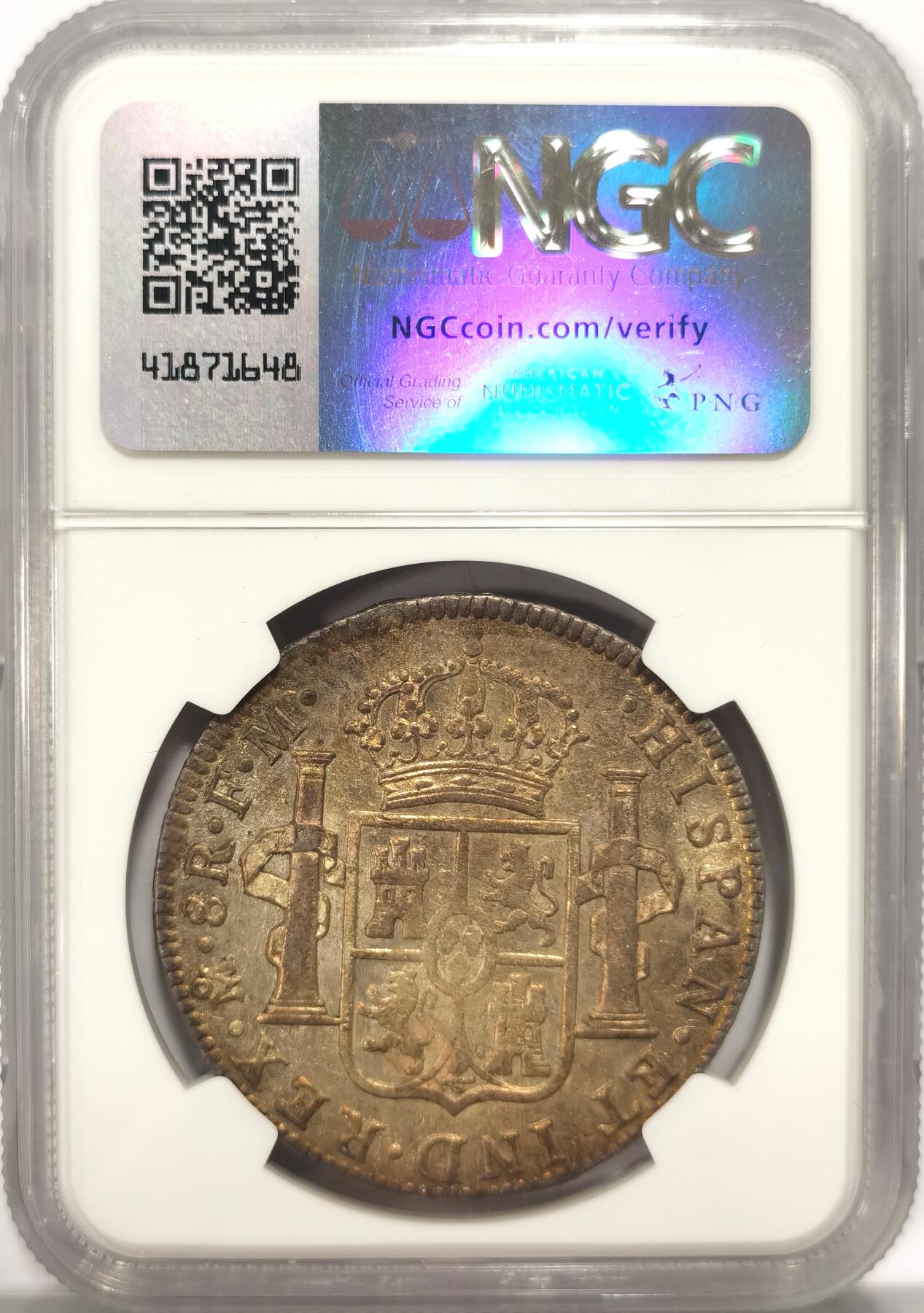 博洋堂“长夏未央”8月精品专场暨第089期（全场包邮） NGC AU53 西属墨西哥1793年卡洛斯四世双柱银币，早期年份很难遇到，原味带光，背面至少58分状态