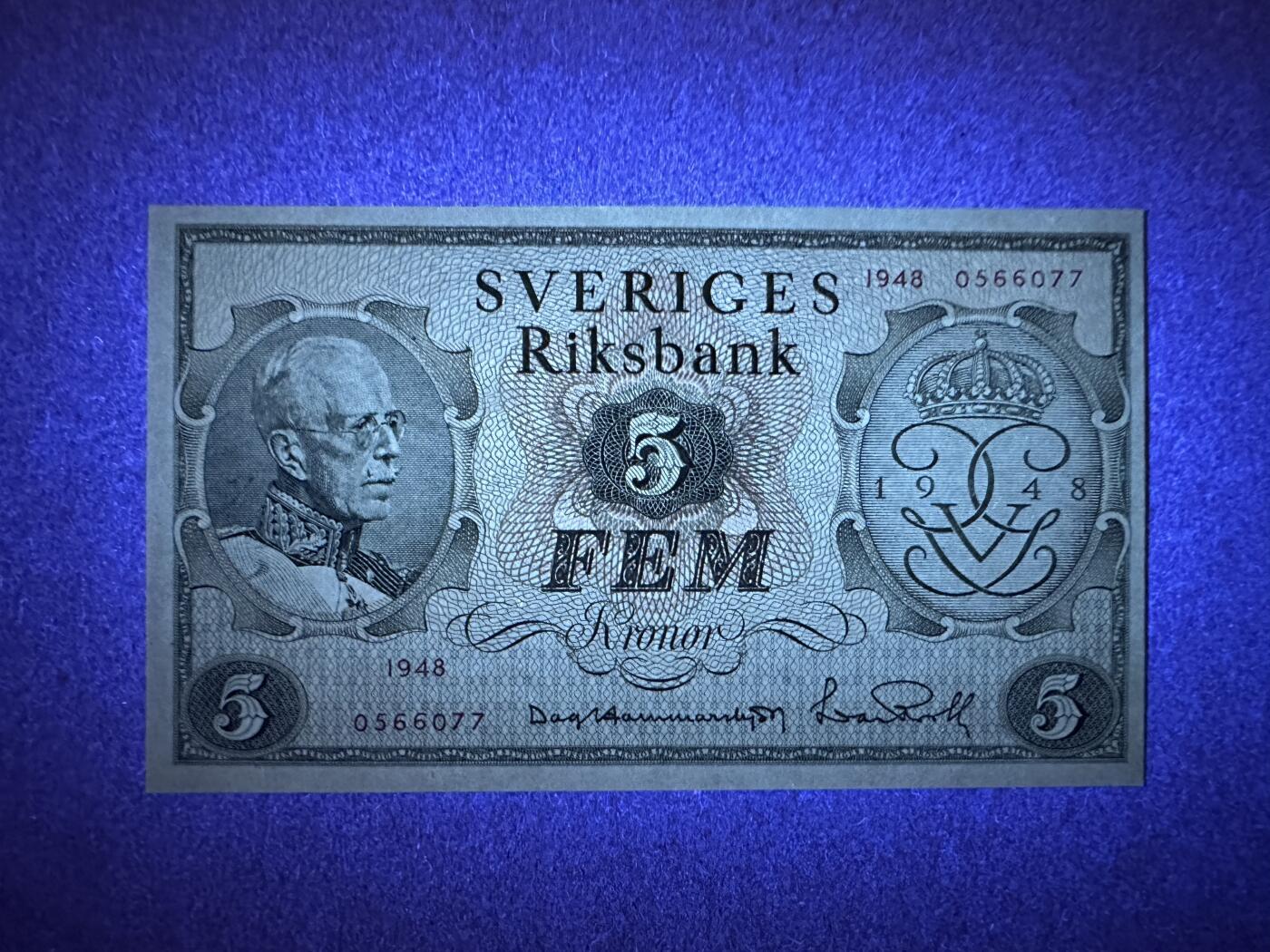 《张总收藏》165期-周日外币超精品 瑞典5克朗 UNC 1948年 古斯塔夫五世国王诞辰90周年纪念钞 无4