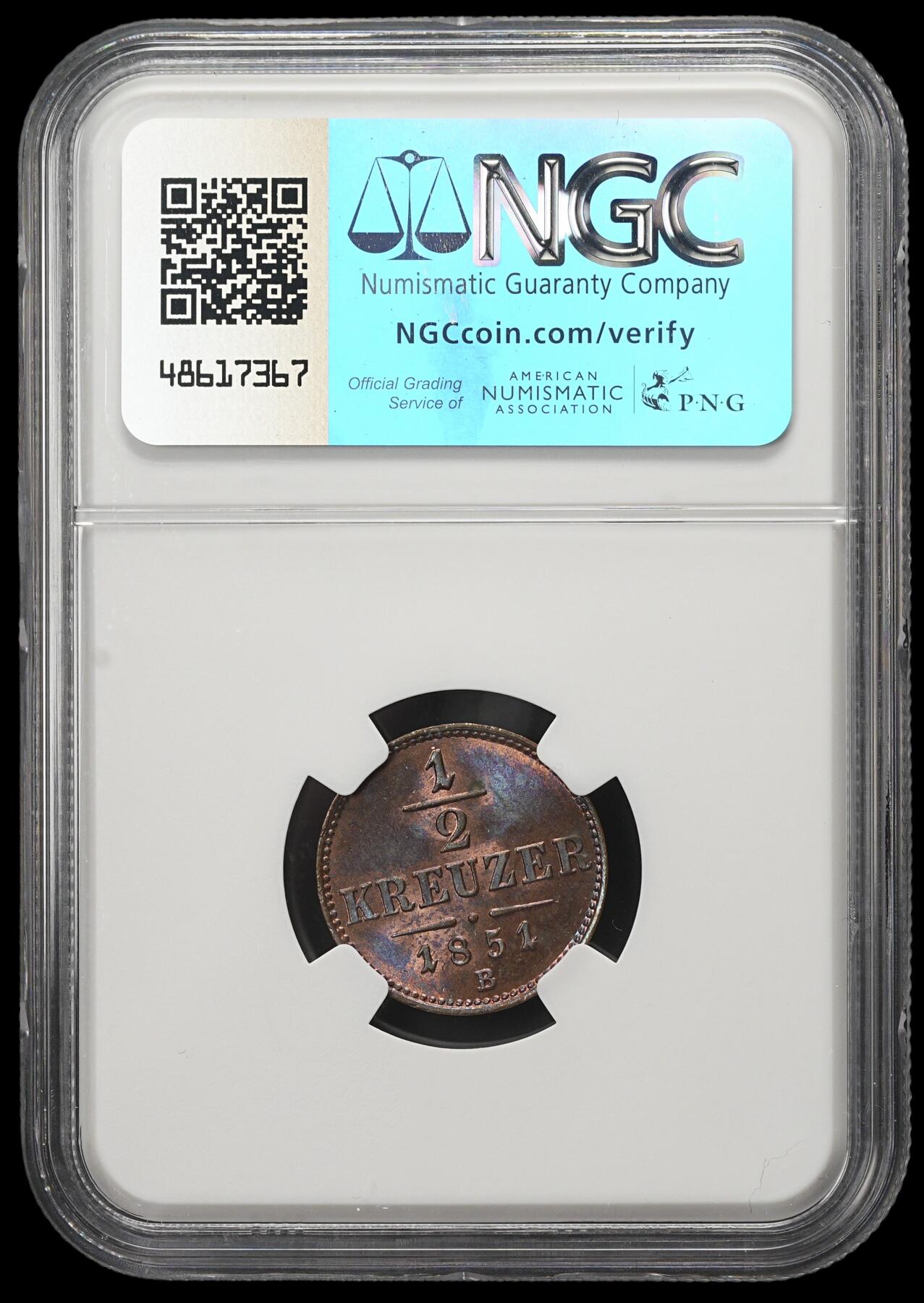 修遠堂世界钱币第三十八期 全场包邮 NGC MS64RB 1851年奥匈帝国-奥地利1/2克鲁泽铜币