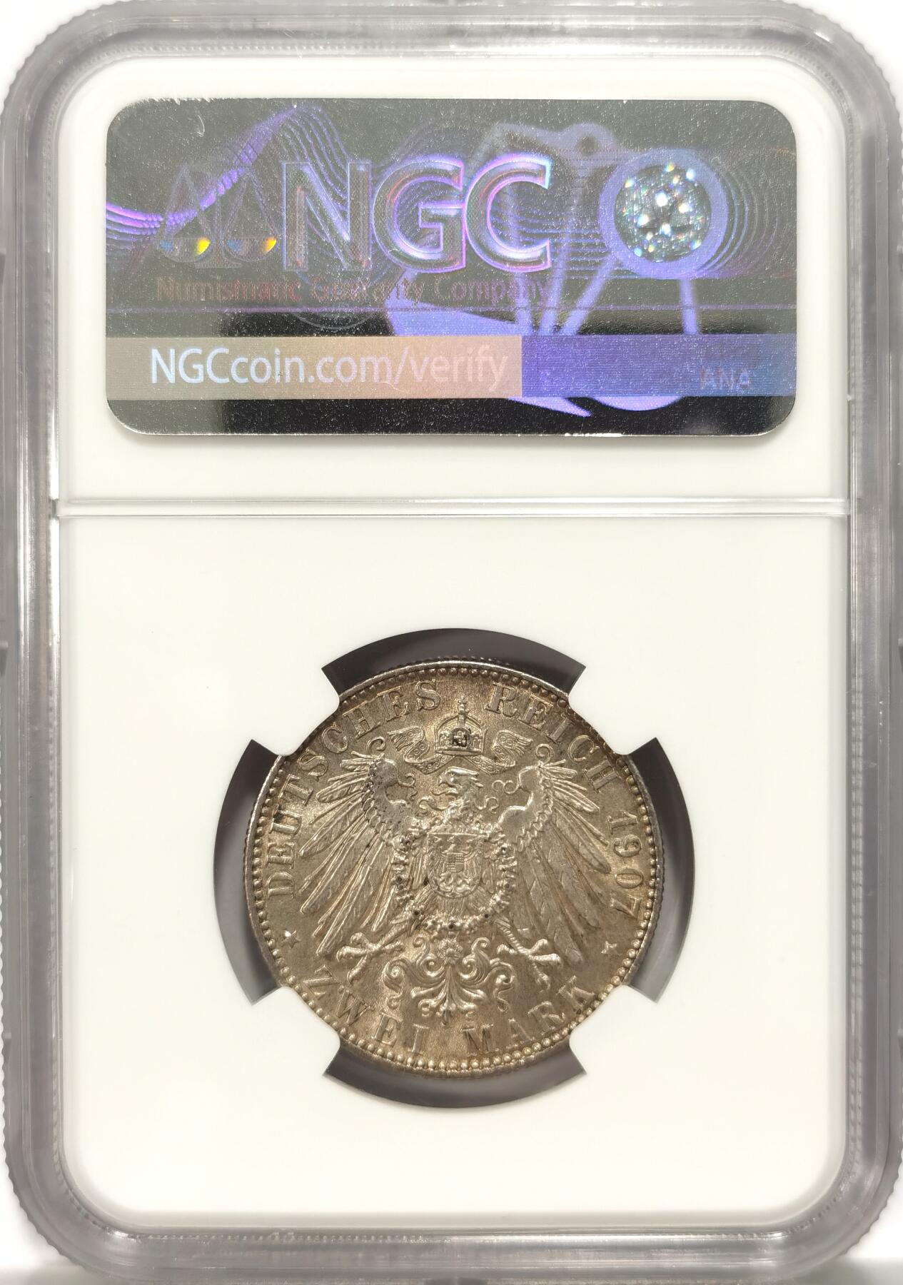 博洋堂“长夏未央”8月精品专场暨第089期（全场包邮） NGC MS62 德国萨克森1907年奥古斯特国王流通2马克 黄油光 流通品2马克的价格比3马克高不少