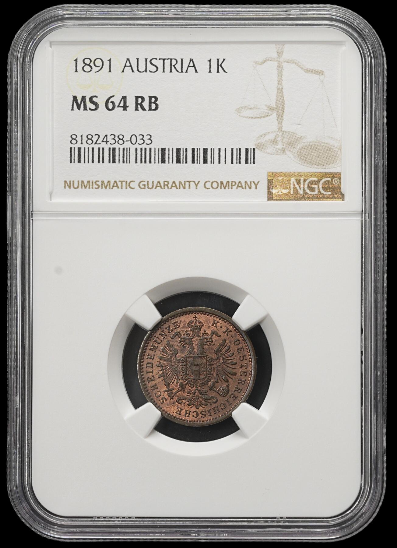 修遠堂世界钱币第三十八期 全场包邮 NGC MS64RB 1891年奥匈帝国-奥地利1克鲁泽铜币
