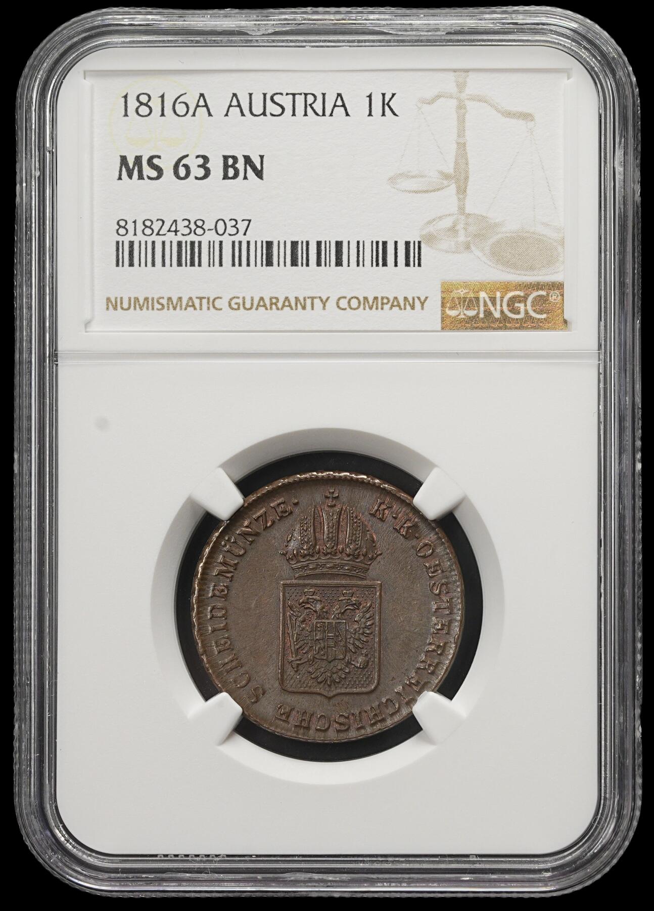 修遠堂世界钱币第三十八期 全场包邮 NGC MS63BN 1816年奥匈帝国-奥地利1克鲁泽铜币