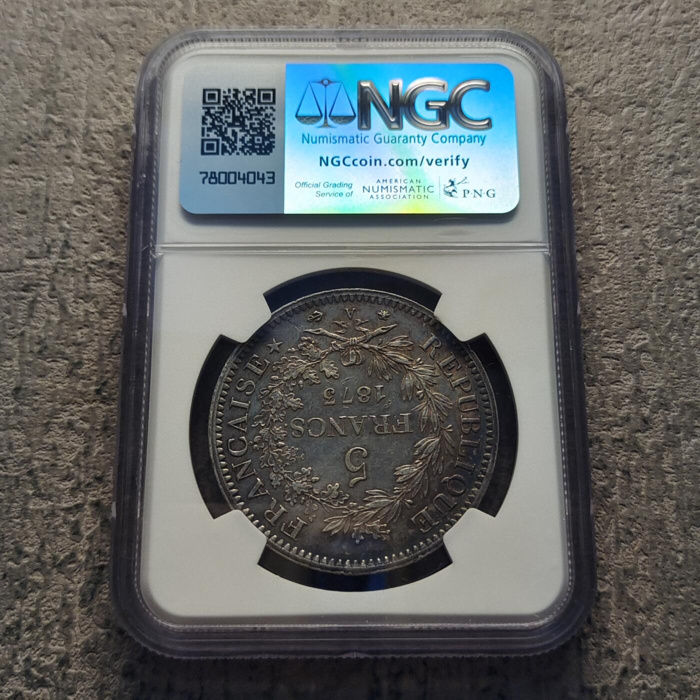 【全场包邮】纯粹捡漏拍521场 法国1875年大力神5法郎（大字A版）大银币-NGC UNC DETAILS