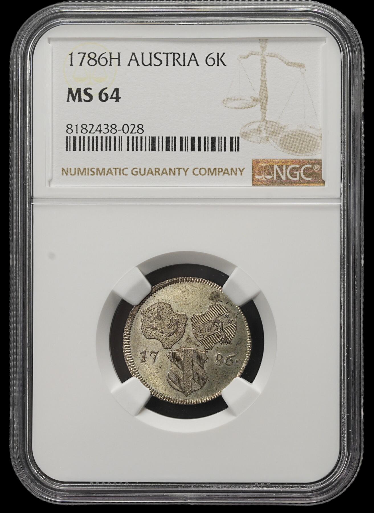 修遠堂世界钱币第三十八期 全场包邮 稀见品种 NGC MS64 1786年神圣罗马帝国-上奥地利-布尔高 6克鲁泽银币 NGC标签有误，非奥地利，实际上被归于德意志邦国钱币品类