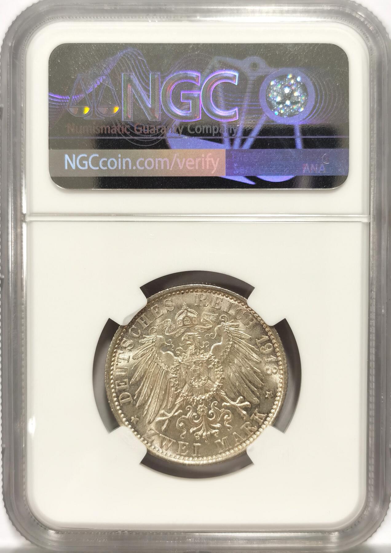 博洋堂“长夏未央”8月精品专场暨第089期（全场包邮） NGC MS64 德国普鲁士1913年A威廉二世戎装2马克银币