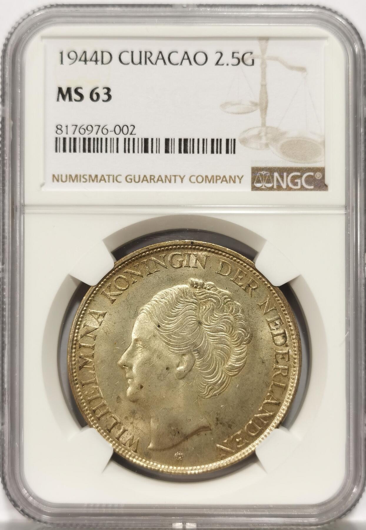 博洋堂“长夏未央”8月精品专场暨第089期（全场包邮） NGC MS63 荷属库拉索1944年威廉明娜2.5盾大银币