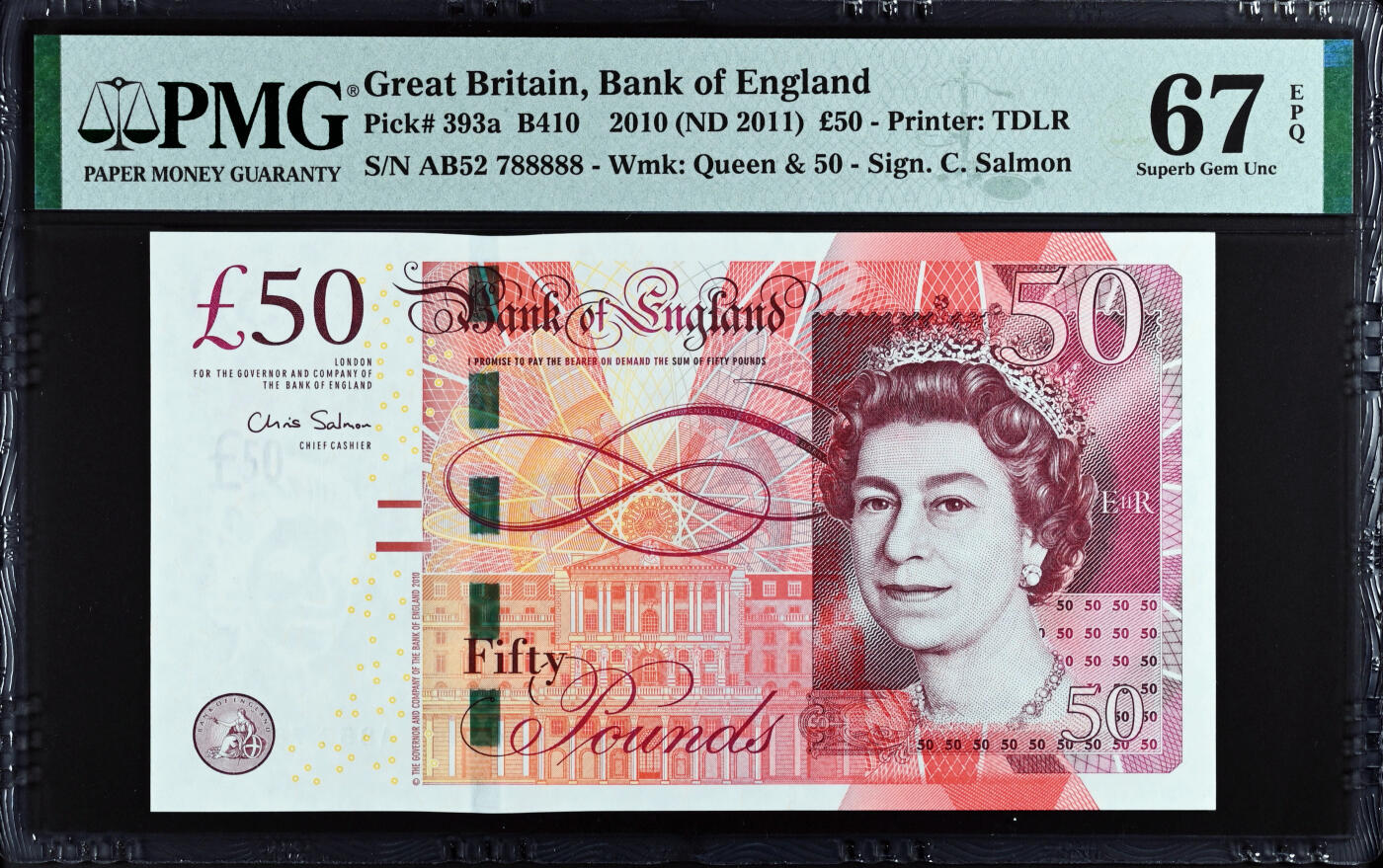 【Blue Auction】✨世界纸币精拍第536期【精】 【近全同8 老虎号】英国 2010年50镑 PMG67EPQ 高分