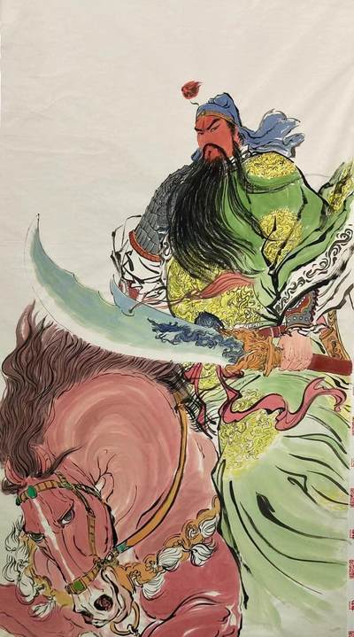 白泽拍卖卡手绘专场第6期（秀色映凉月，清风生早秋） - 2024 权迎东手绘画 马上关公 六尺整纸178cm*96cm 15.6平方尺