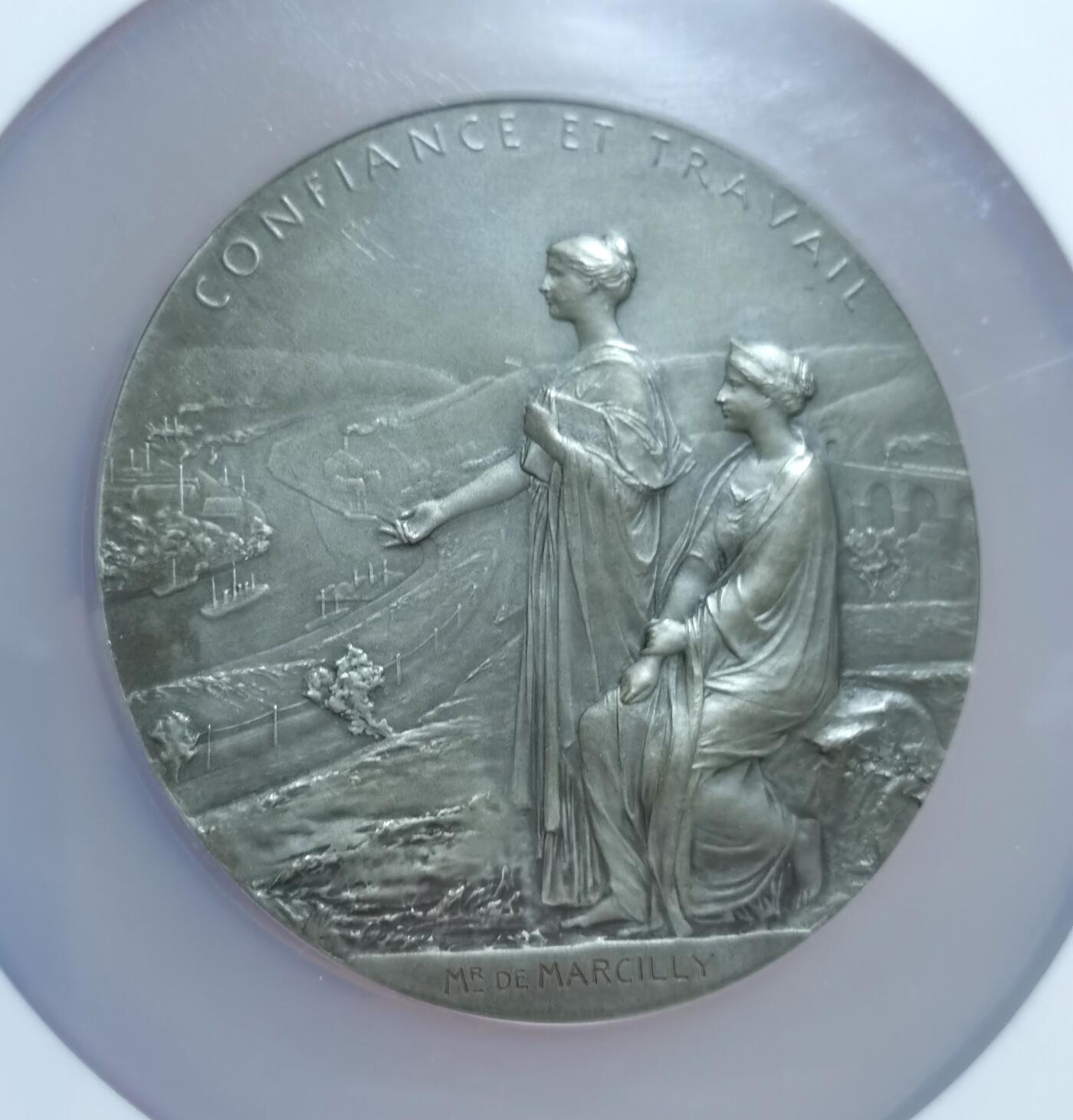 博洋堂“长夏未央”8月精品专场暨第089期（全场包邮） NGC MS64 1900年法国法兰西银行百年银章，O.Roty作品，戎装玛丽安娜，直径68mm，边铭丰饶角