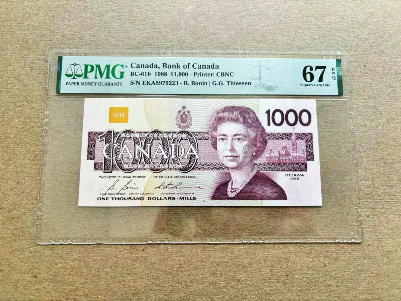 【Blue Auction】✨世界纸币精拍第536期【精】    【冠军分】加拿大 1988年1000元 PMG67EPQ高分 最高值 女王 精美 松蜡嘴鸟