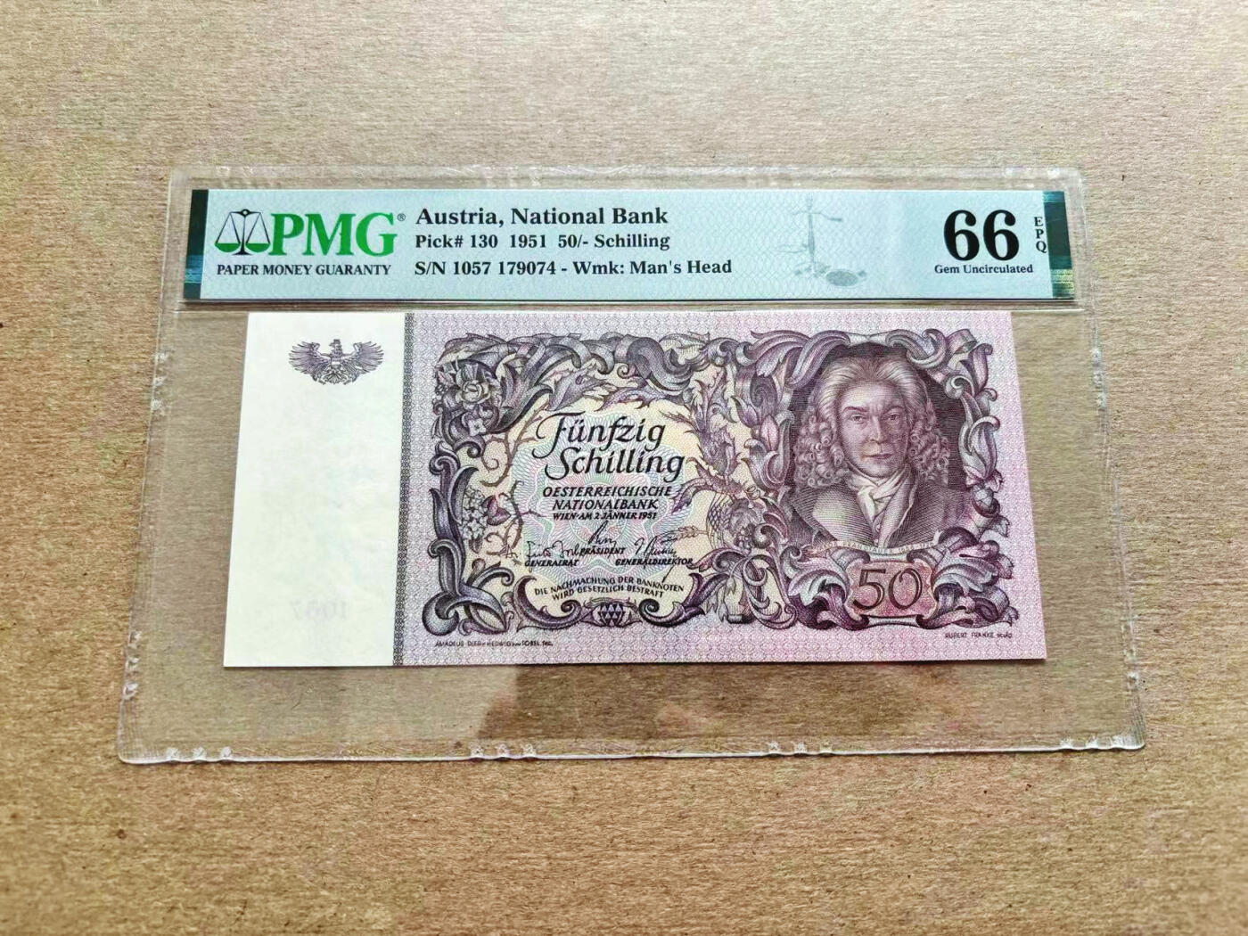【Blue Auction】✨世界纸币精拍第536期【精】 【仅1张更高分】奥地利 1951年50先令 PMG66EPQ  建筑师雅格布·普兰陶尔 梅尔克修道院 设计精美 