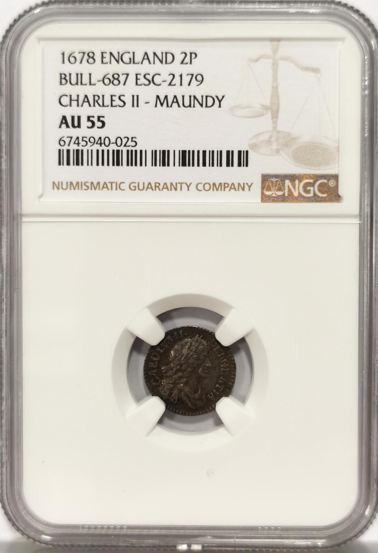 博洋堂“长夏未央”8月精品专场暨第089期（全场包邮） NGC AU55 英国1678年查尔斯二世2便士濯足银币 冠军分