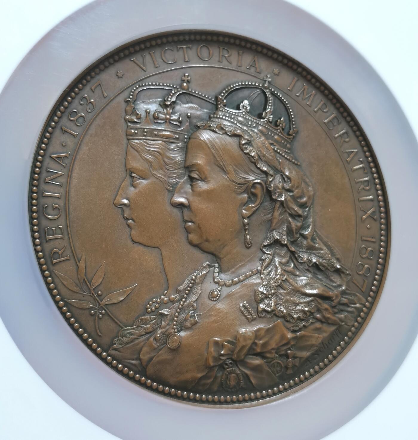 博洋堂“长夏未央”8月精品专场暨第089期（全场包邮） 1887年英国铜章 伦敦金融城铜章 维多利亚50年（Golden Jubilee 金禧）纪念铜章，80㎜，A.Scharff 安东·沙夫作品 难得好品 收藏佳品 NGC MS64