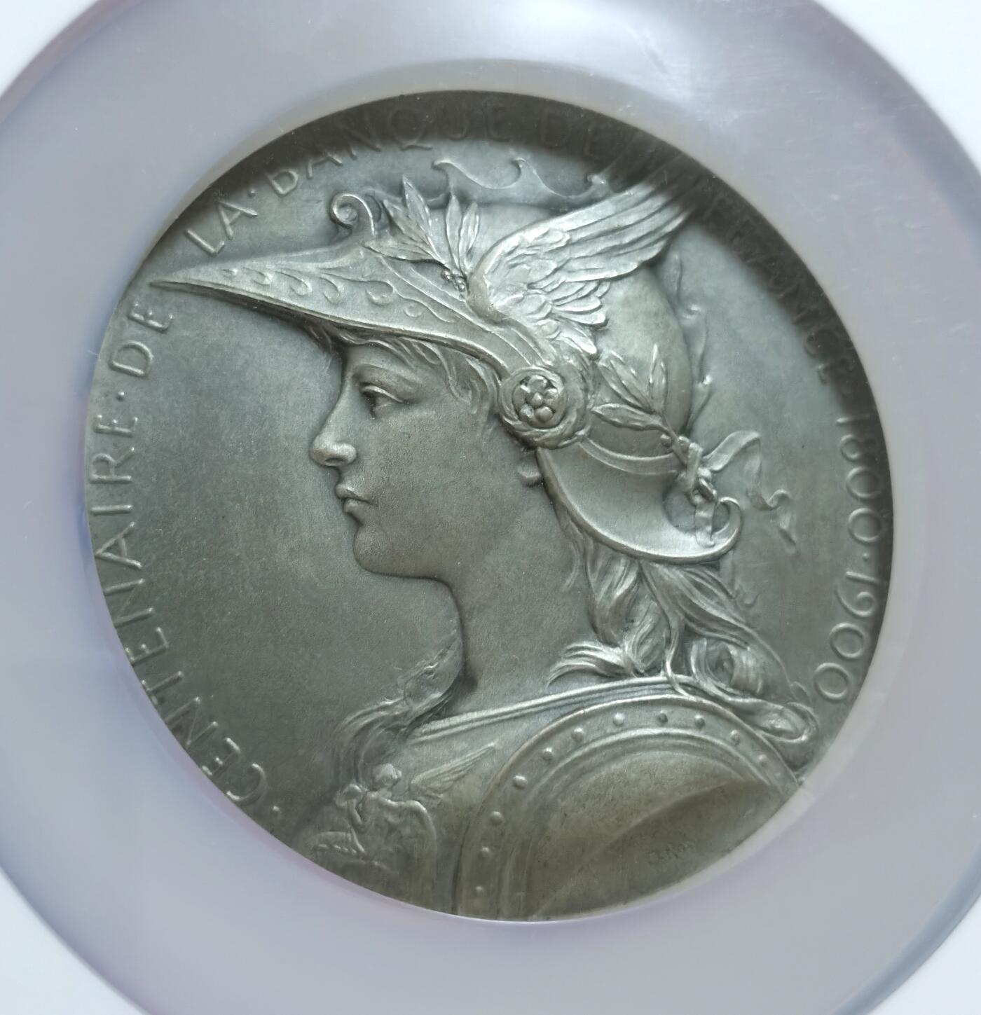 博洋堂“长夏未央”8月精品专场暨第089期（全场包邮） NGC MS64 1900年法国法兰西银行百年银章，O.Roty作品，戎装玛丽安娜，直径68mm，边铭丰饶角