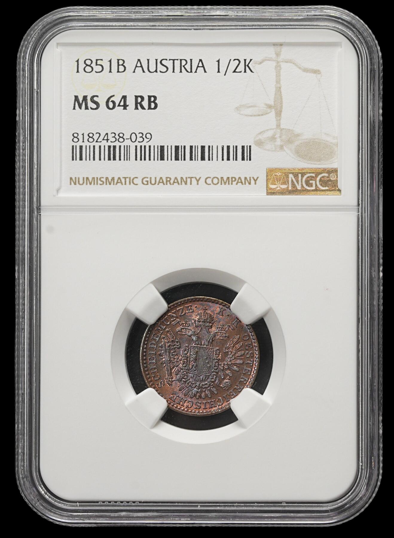 修遠堂世界钱币第三十八期 全场包邮 NGC MS64RB 1851年奥匈帝国-奥地利1/2克鲁泽铜币