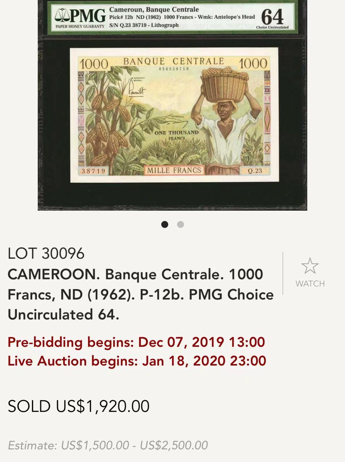 【Blue Auction】✨世界纸币精拍第536期【精】  【仅3张更高分】喀麦隆 1962年1000法郎 PMG64 无背标老壳 经典摘可可 法属风精美 