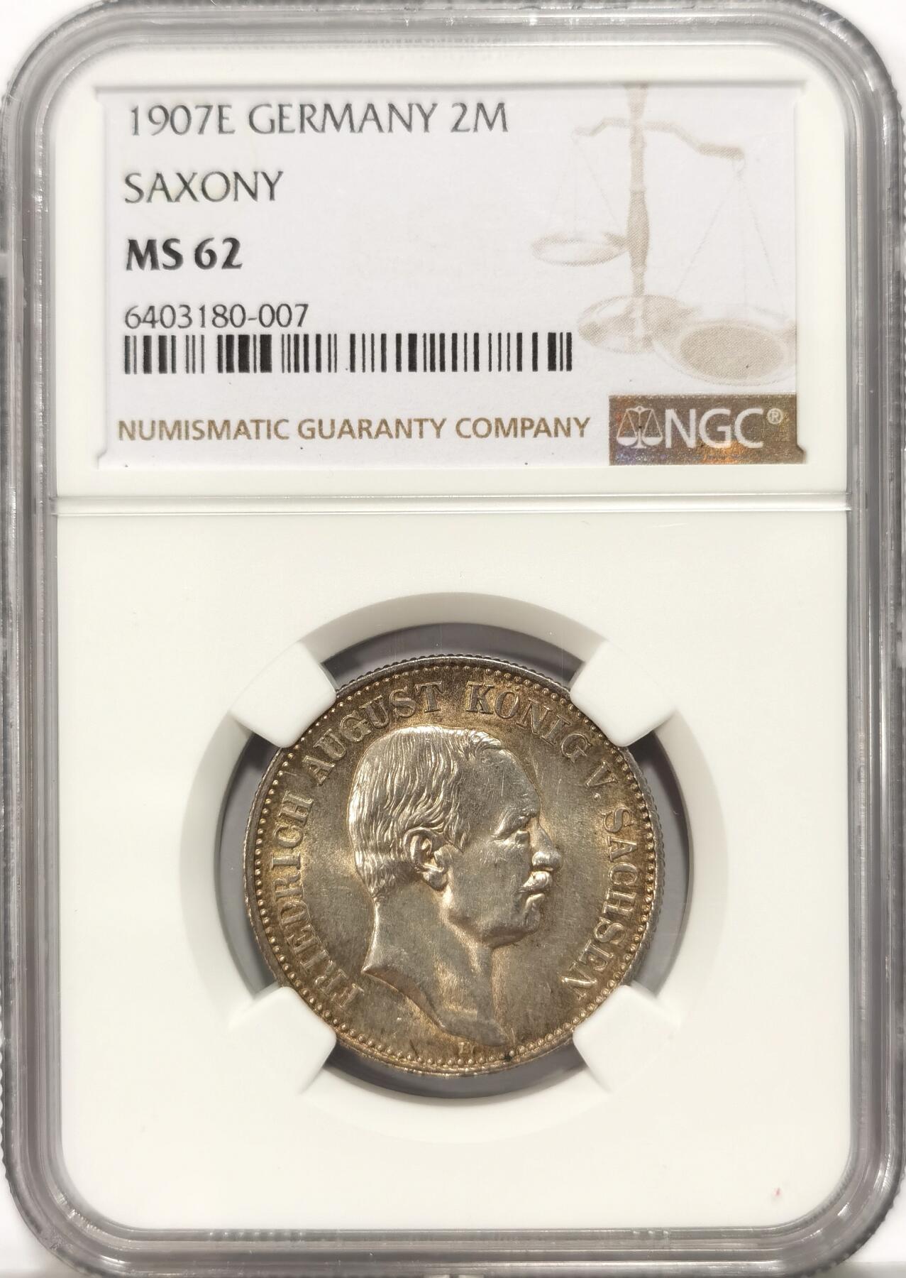 博洋堂“长夏未央”8月精品专场暨第089期（全场包邮） NGC MS62 德国萨克森1907年奥古斯特国王流通2马克 黄油光 流通品2马克的价格比3马克高不少