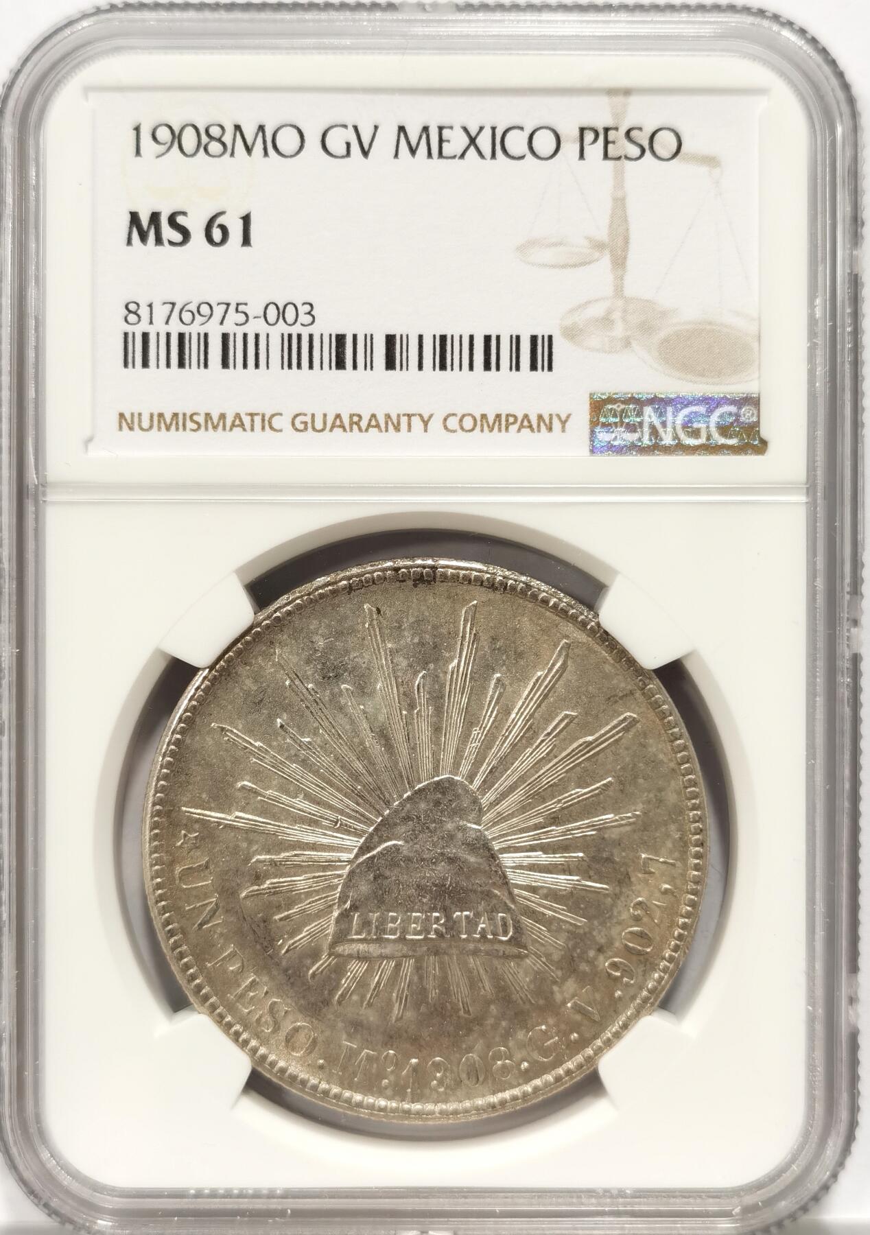 博洋堂“长夏未央”8月精品专场暨第089期（全场包邮） NGC MS61 墨西哥1908年MO GV版直边鹰洋