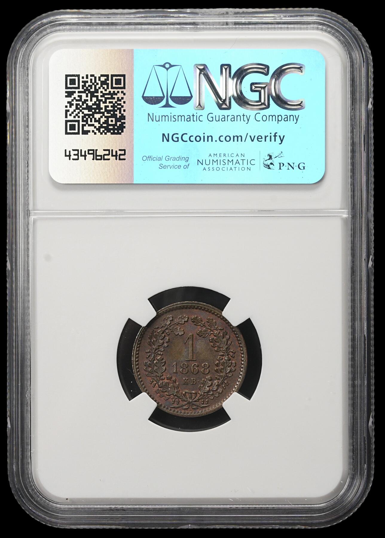 修遠堂世界钱币第三十八期 全场包邮 NGC MS64BN 1868年奥匈帝国-匈牙利1克鲁泽铜币