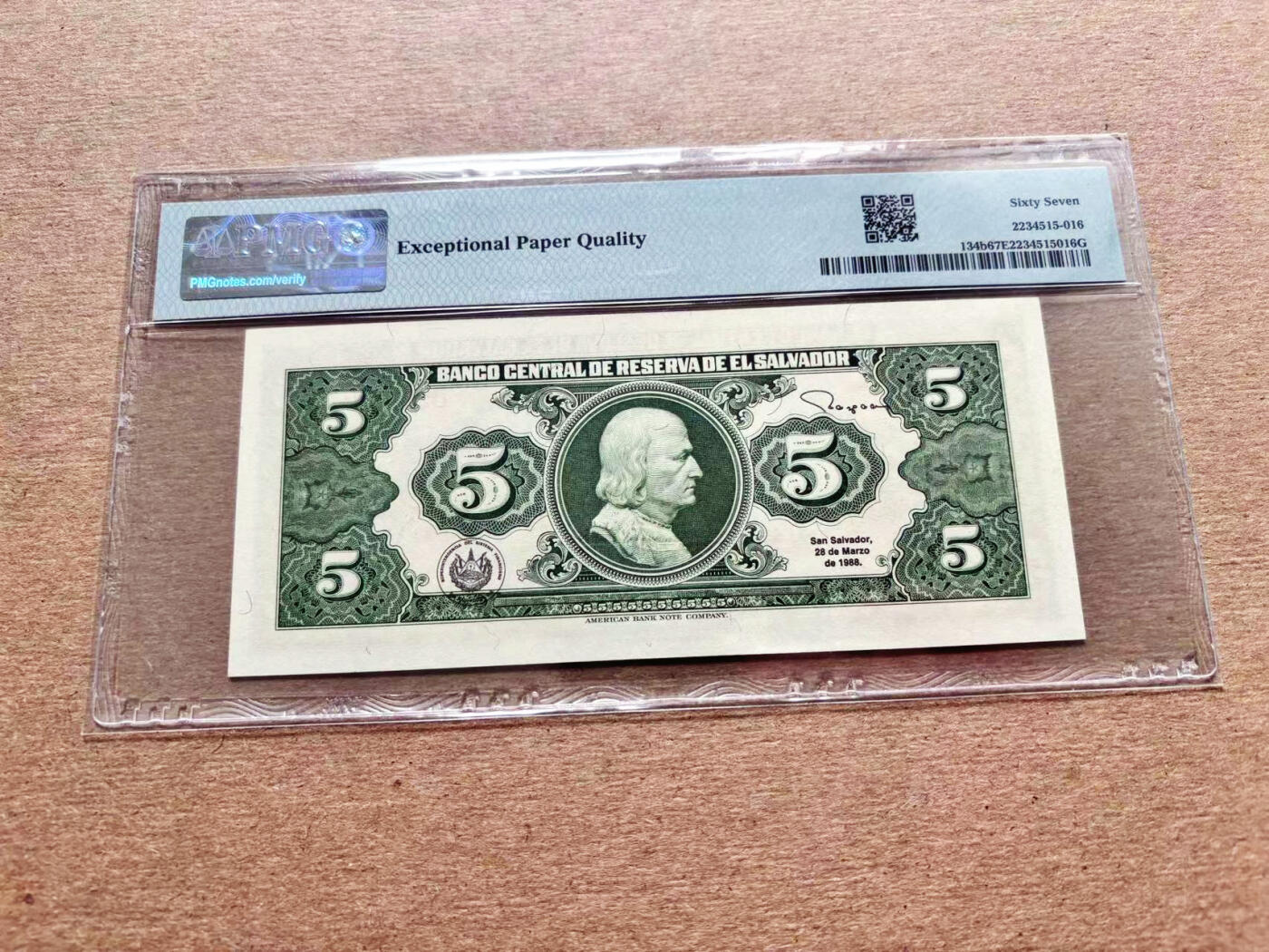 【Blue Auction】✨世界纸币精拍第536期【精】 【无47】萨尔瓦多 1988年5克朗 PMG67EPQ高分  