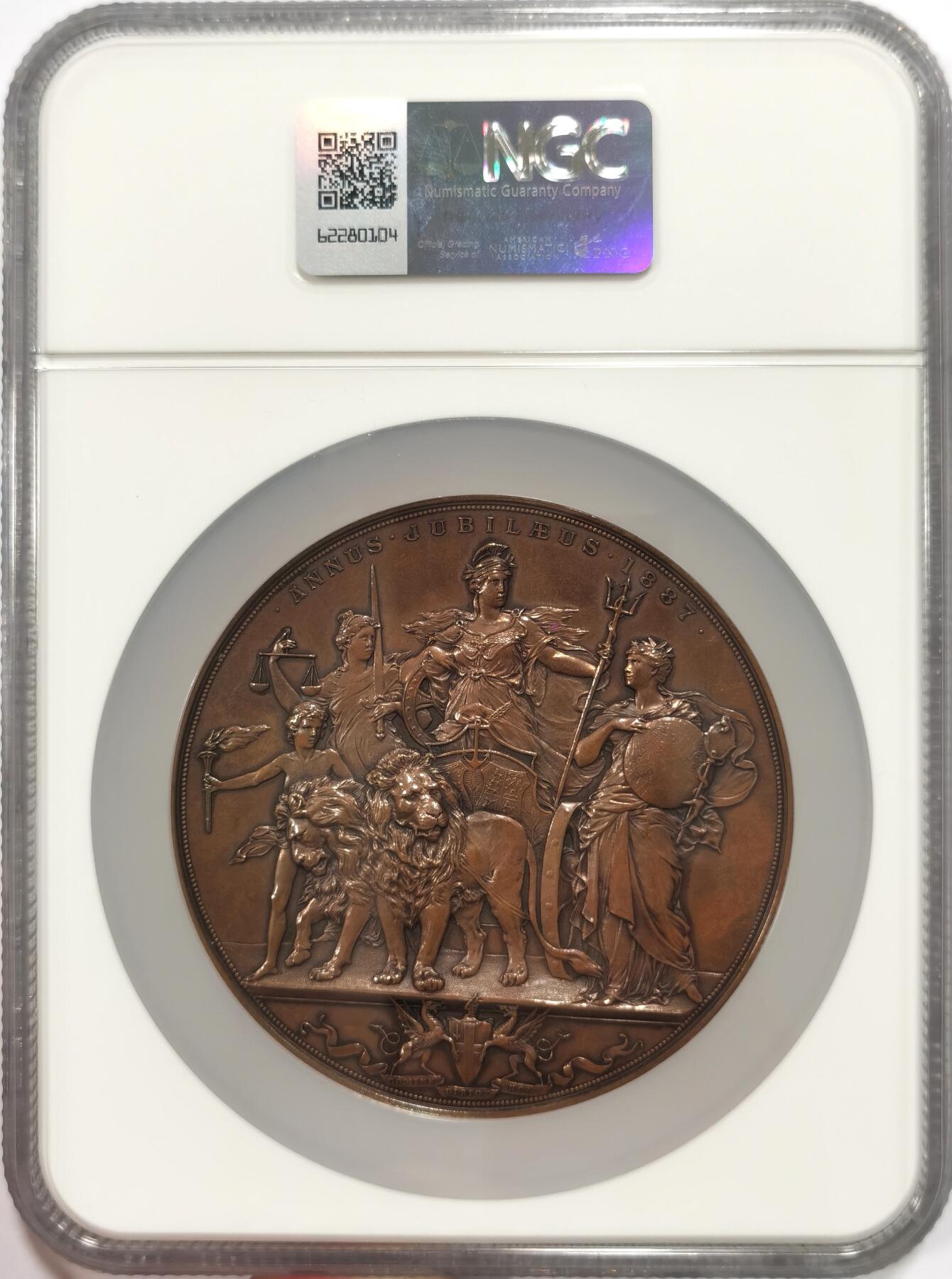 博洋堂“长夏未央”8月精品专场暨第089期（全场包邮） 1887年英国铜章 伦敦金融城铜章 维多利亚50年（Golden Jubilee 金禧）纪念铜章，80㎜，A.Scharff 安东·沙夫作品 难得好品 收藏佳品 NGC MS64