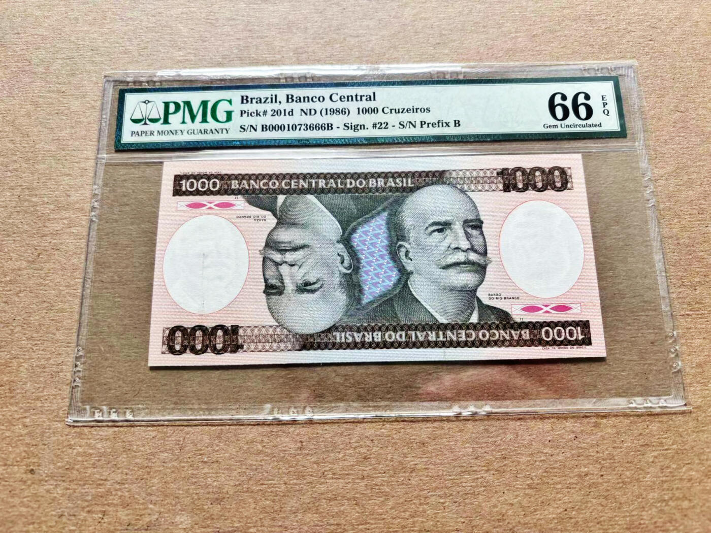 【Blue Auction】✨世界纸币精拍第536期【精】 【666豹子号】巴西 1986年1000克鲁塞罗PMG66EPQ 