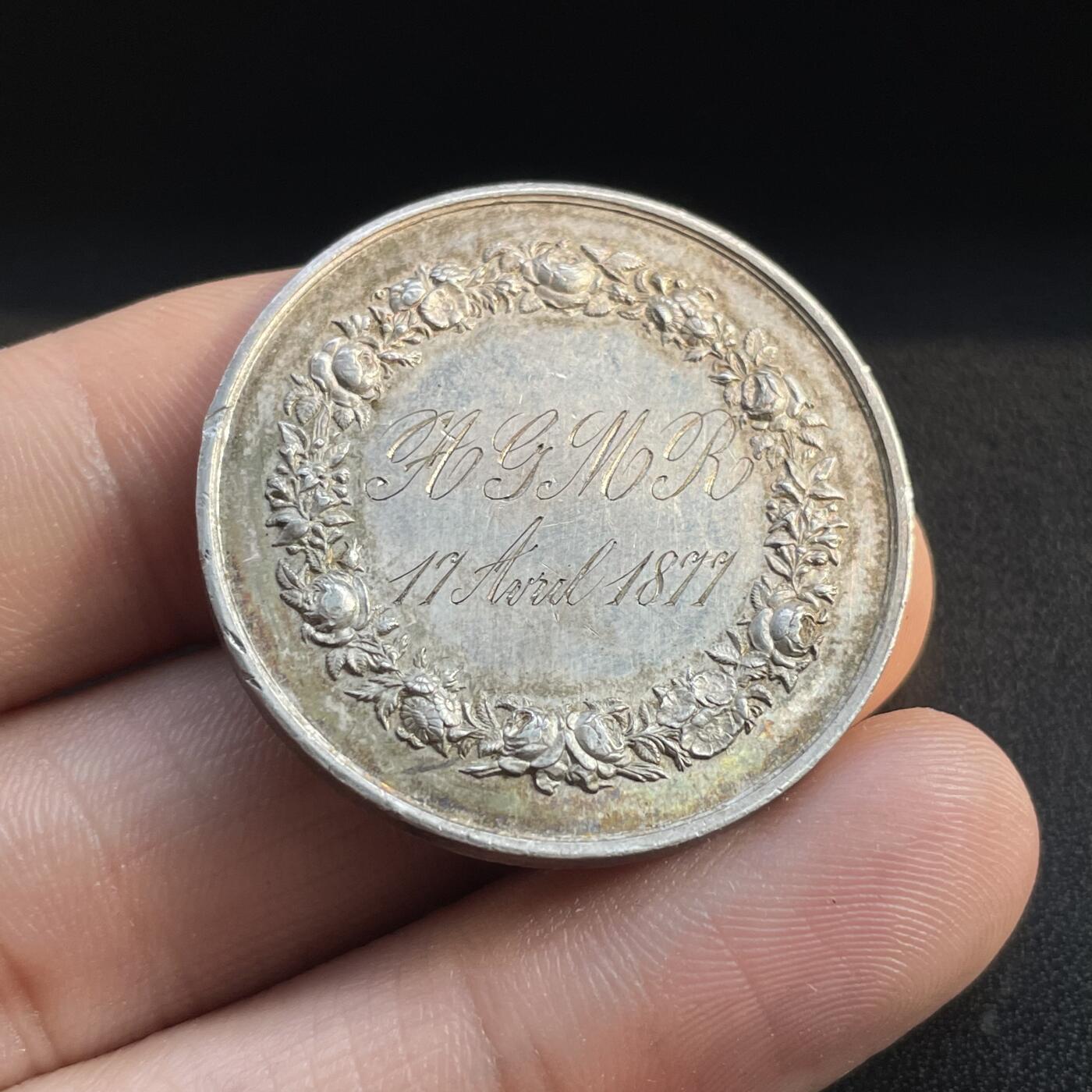 「木头集藏」章牌专场-第46期 1877年法国婚礼银章  直径：33.5 mm，15.8 g，边铭：蜜蜂 ARGENT （1860-1879年）