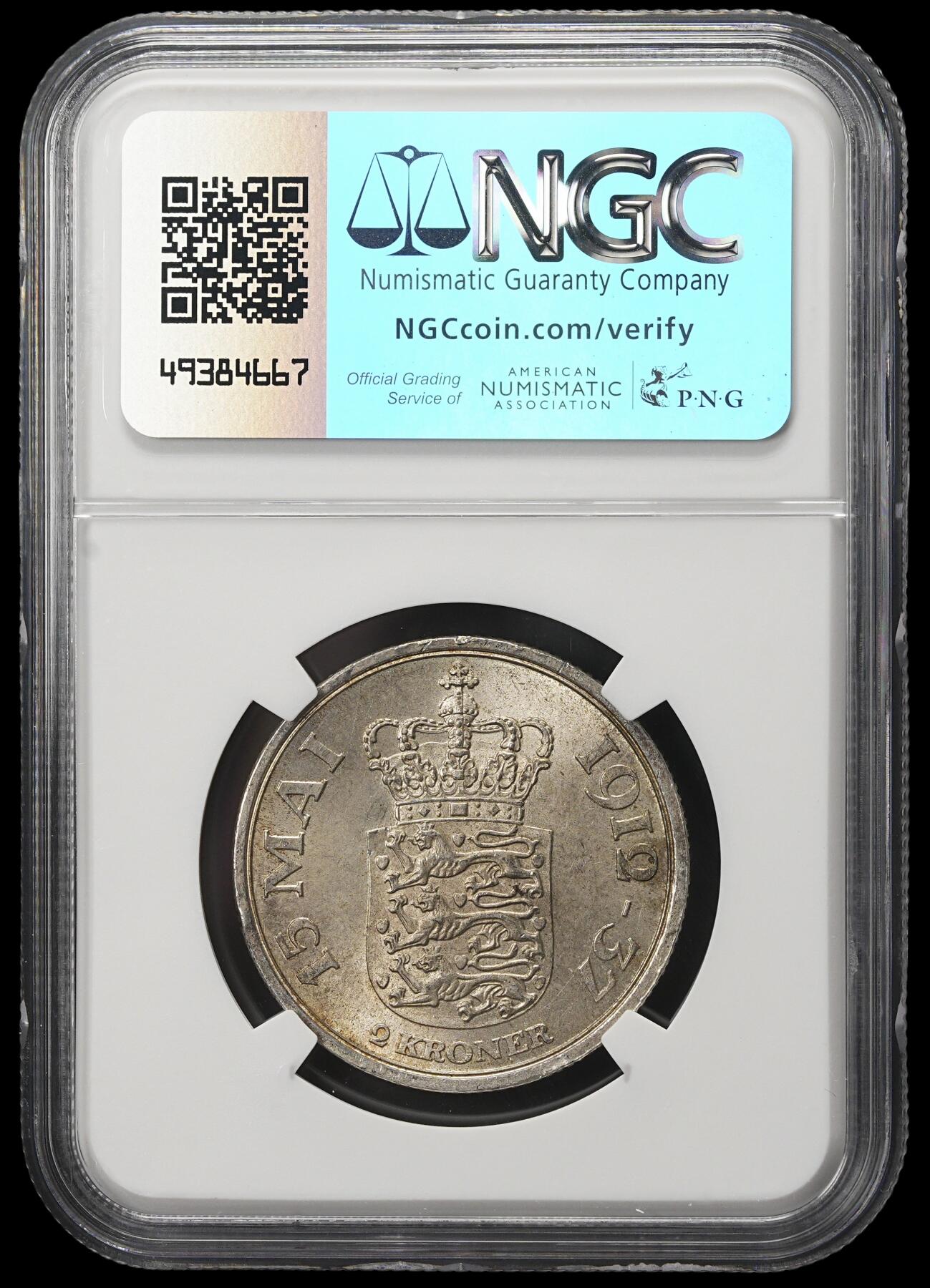 修遠堂世界钱币第三十八期 全场包邮 NGC MS64 1937年丹麦国王登基25周年纪念2克朗银币