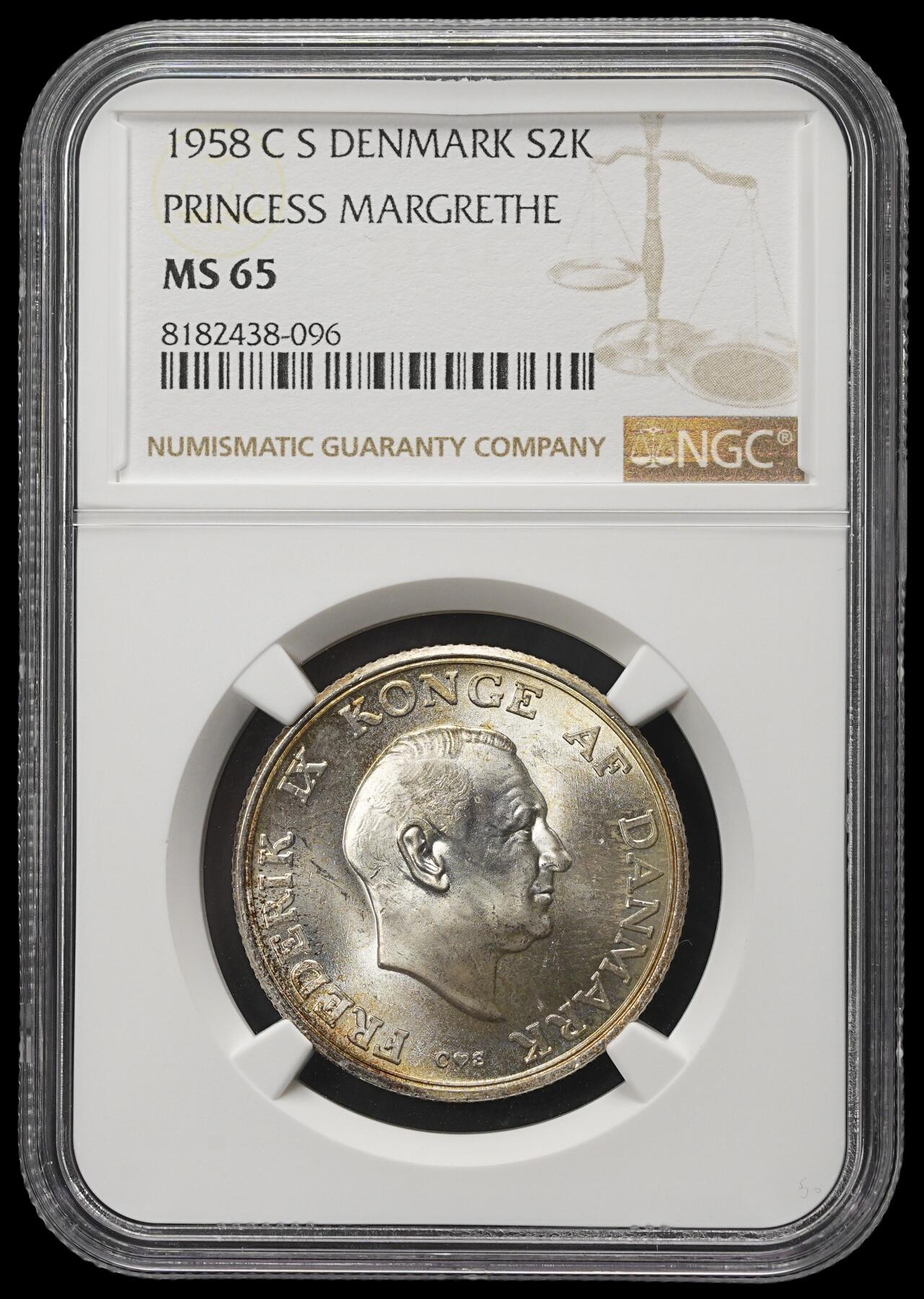 修遠堂世界钱币第三十八期 全场包邮 NGC MS65 1958年丹麦玛格丽特公主18周岁纪念2克朗银币