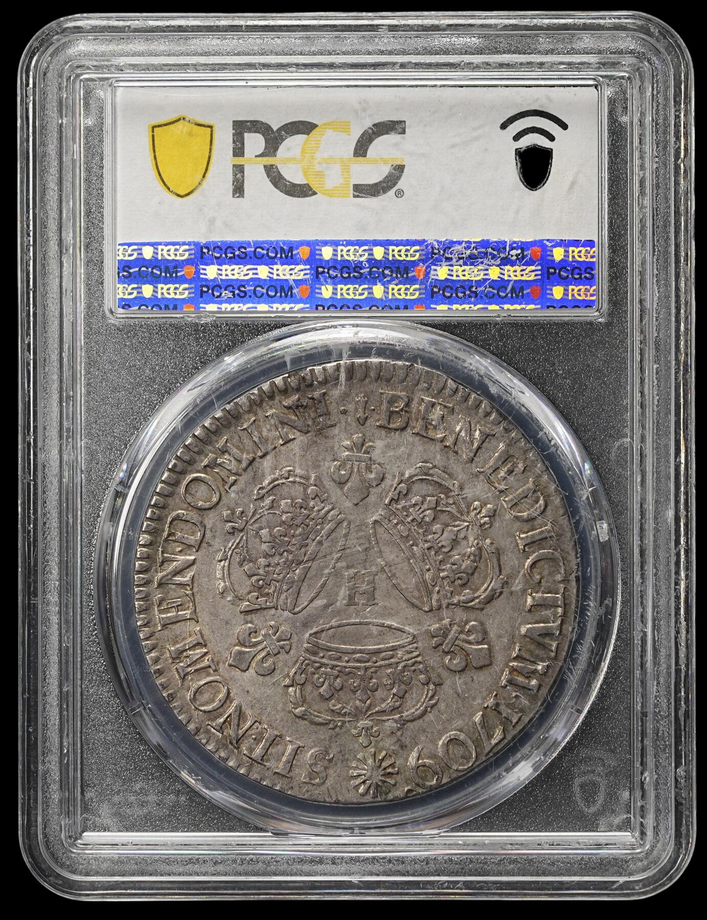 修遠堂世界钱币第三十八期 全场包邮 唯一冠军分 PCGS AU58 1709年法国1埃居大银币H厂铭 纸袋五彩 2023年SBP-VF35分成交价384美元 盒子有磕且轻微磨花 介意者请勿出价