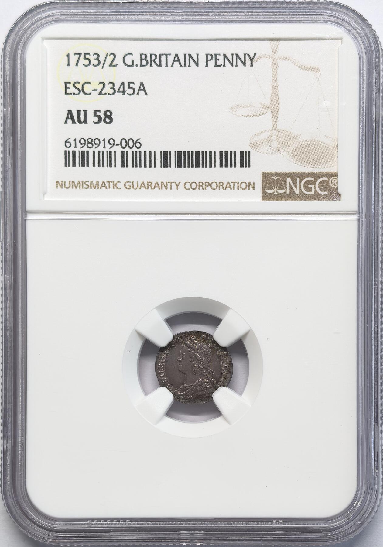 凡希社世界钱币微拍第二百八十三期 1753/2英国乔治二世银便士NGC-AU58，骑字版。