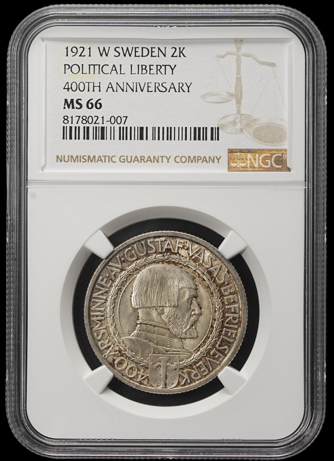 修遠堂世界钱币第三十八期 全场包邮 NGC MS66 1921年瑞典政治自由400周年2克朗银币 高分纸袋包浆