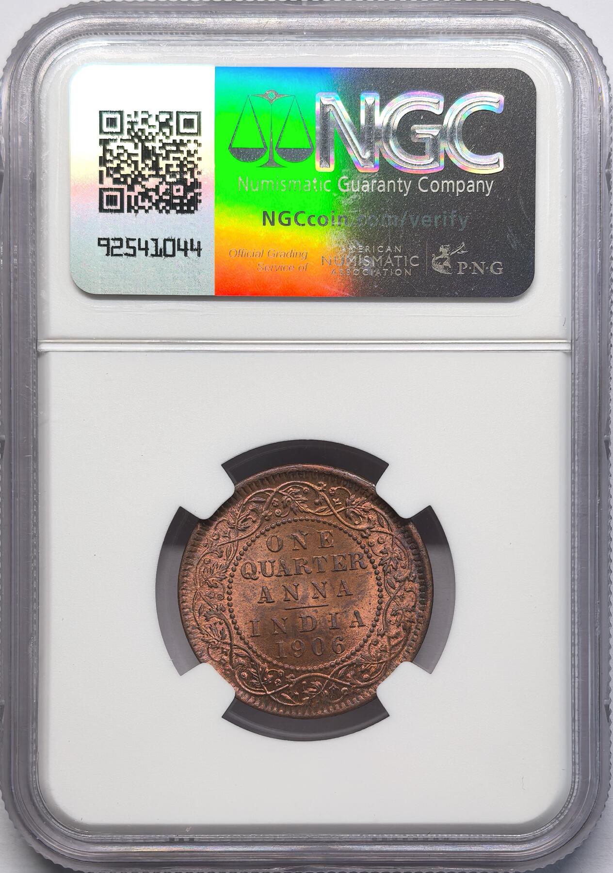 凡希社世界钱币微拍第二百八十三期 1906C英属印度爱七1/4安那NGC-MS65RB红铜光！