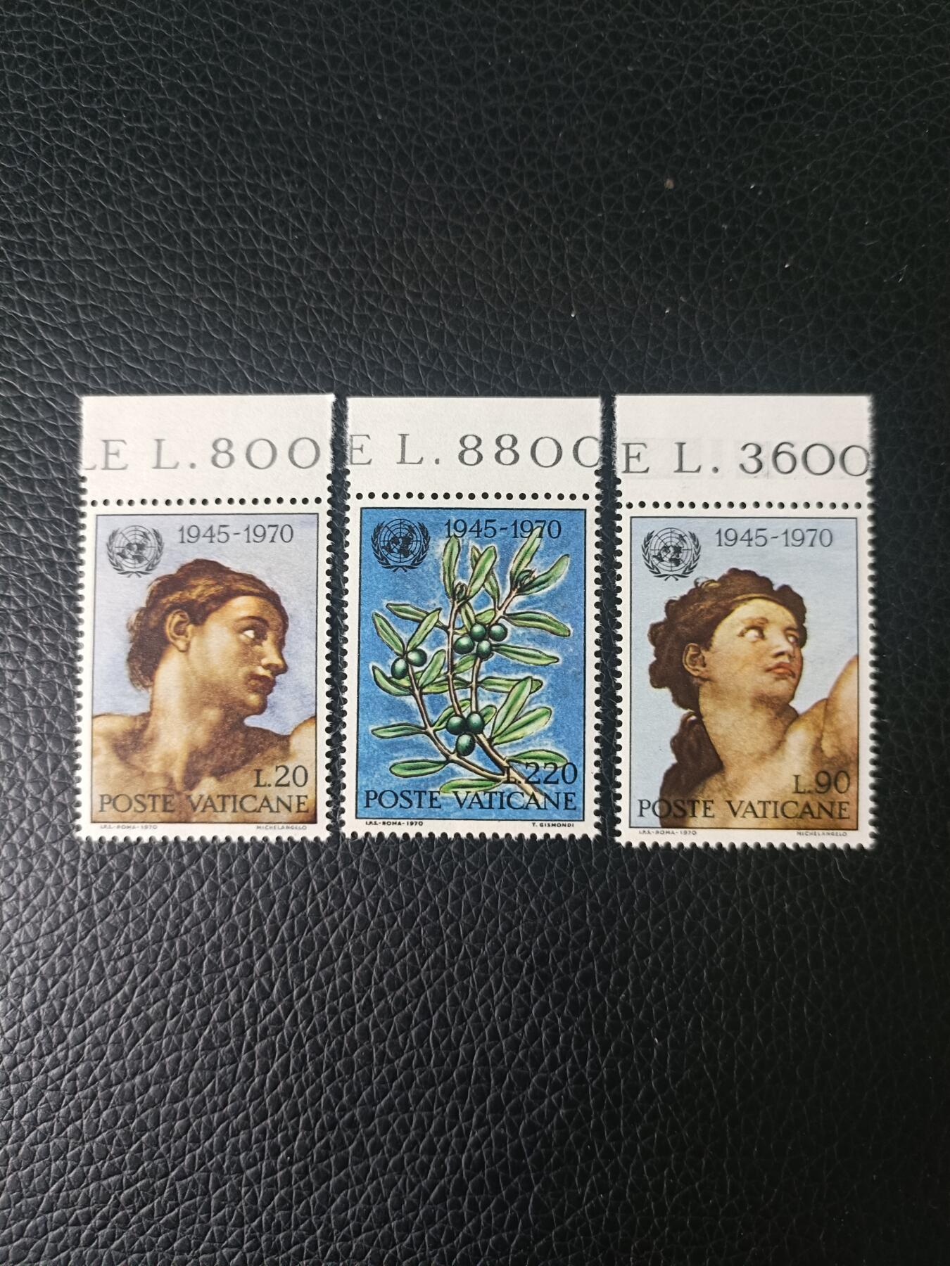 99外国邮票 梵蒂冈1970年联合国25年 米开朗基罗西斯廷壁画 亚当夏娃3全 新