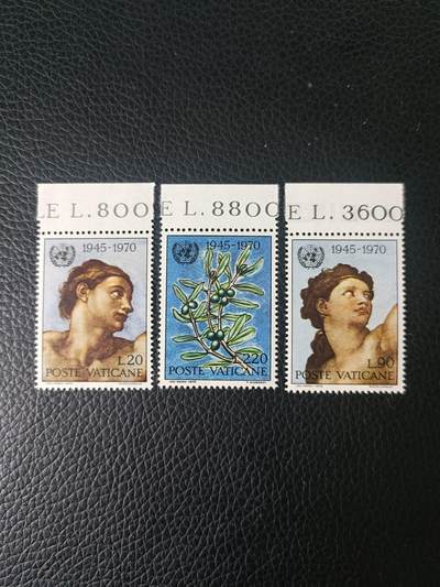 99外国邮票 梵蒂冈1970年联合国25年 米开朗基罗西斯廷壁画 亚当夏娃3全 新 - 99外国邮票 梵蒂冈1970年联合国25年 米开朗基罗西斯廷壁画 亚当夏娃3全 新