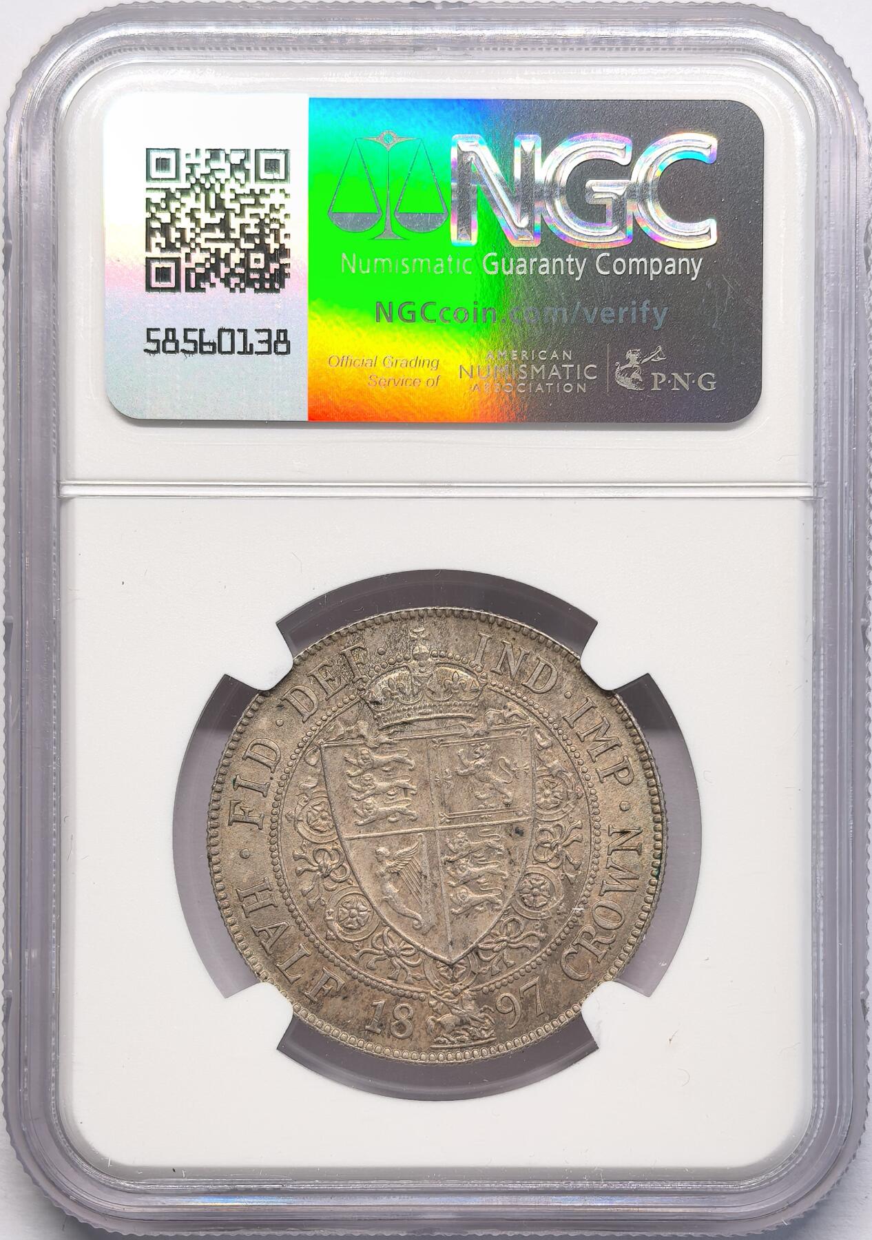 凡希社世界钱币微拍第二百八十三期 1897英国老维批纱1/2克朗NGC-MS63，包浆优美！