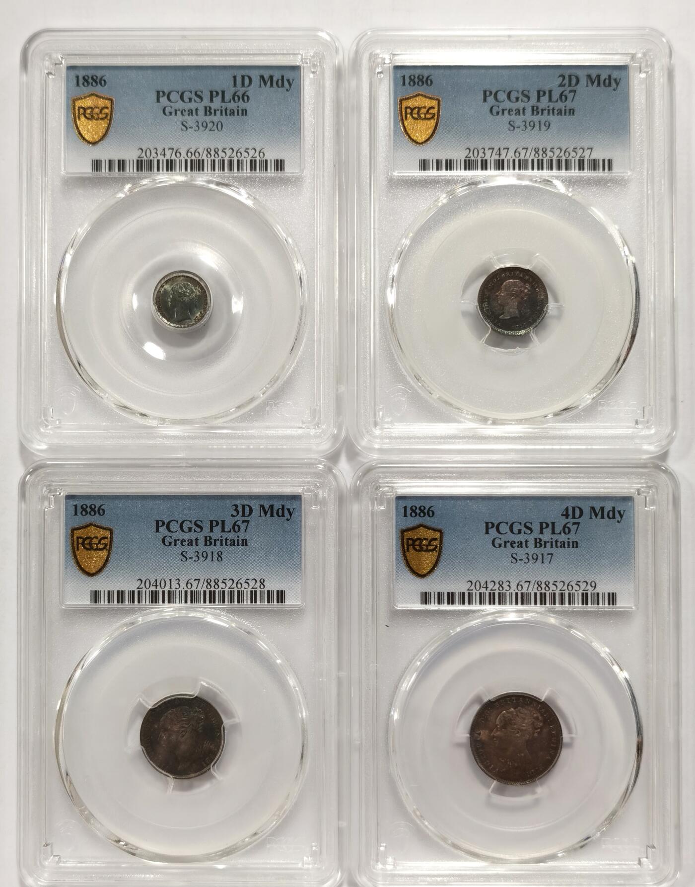 博洋堂“长夏未央”8月精品专场暨第089期（全场包邮） PCGS PL66-67 英国1886年维多利亚濯足币4枚一套，罕见极品高分五彩，其中2D、3D、4D均为冠军分！附带原盒传承有序