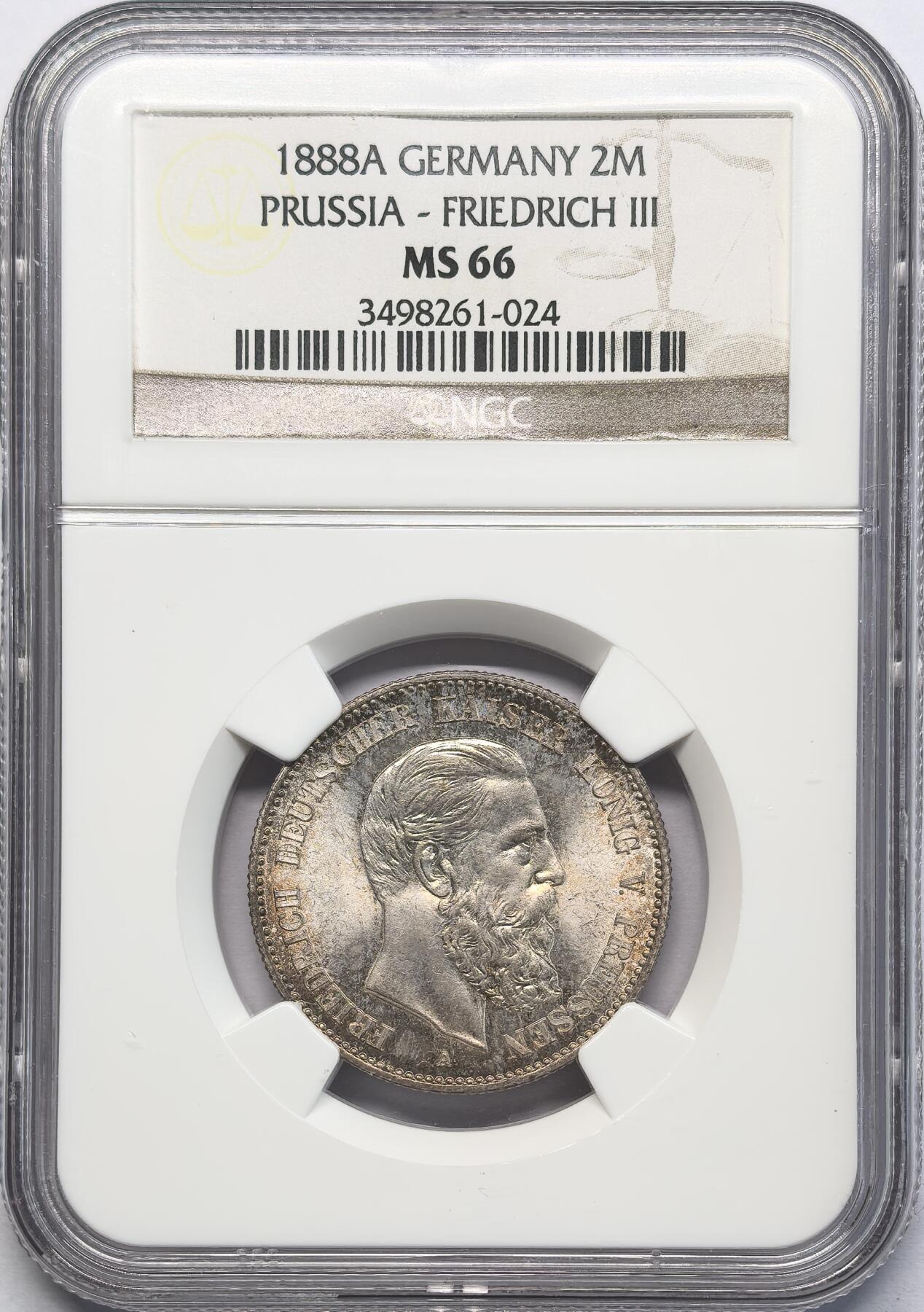 凡希社世界钱币微拍第二百八十三期 1888德国三皇之年2马克短翅鹰NGC-MS66，高分收藏级！