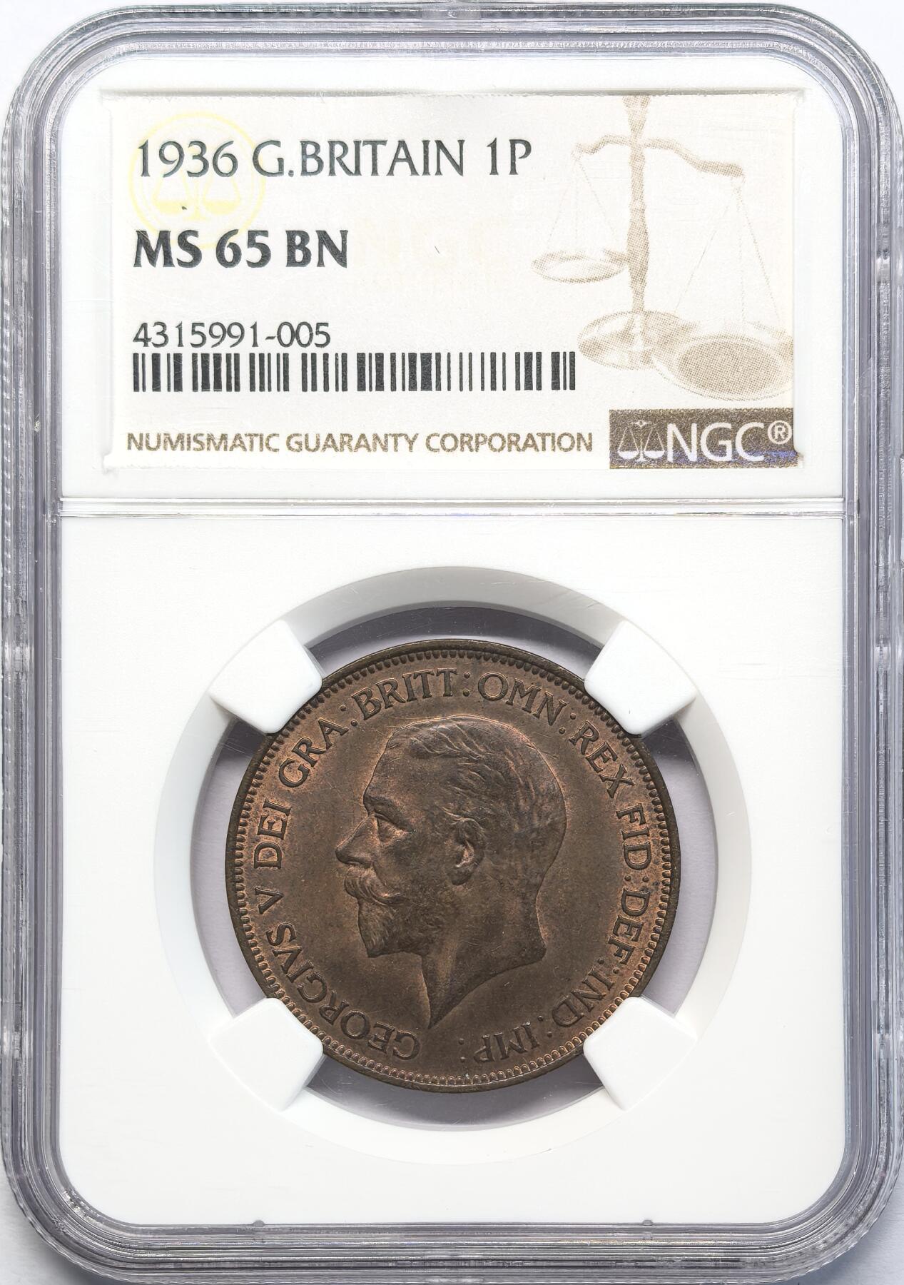 凡希社世界钱币微拍第二百八十三期 1936英国乔五便士大铜NGC-MS65