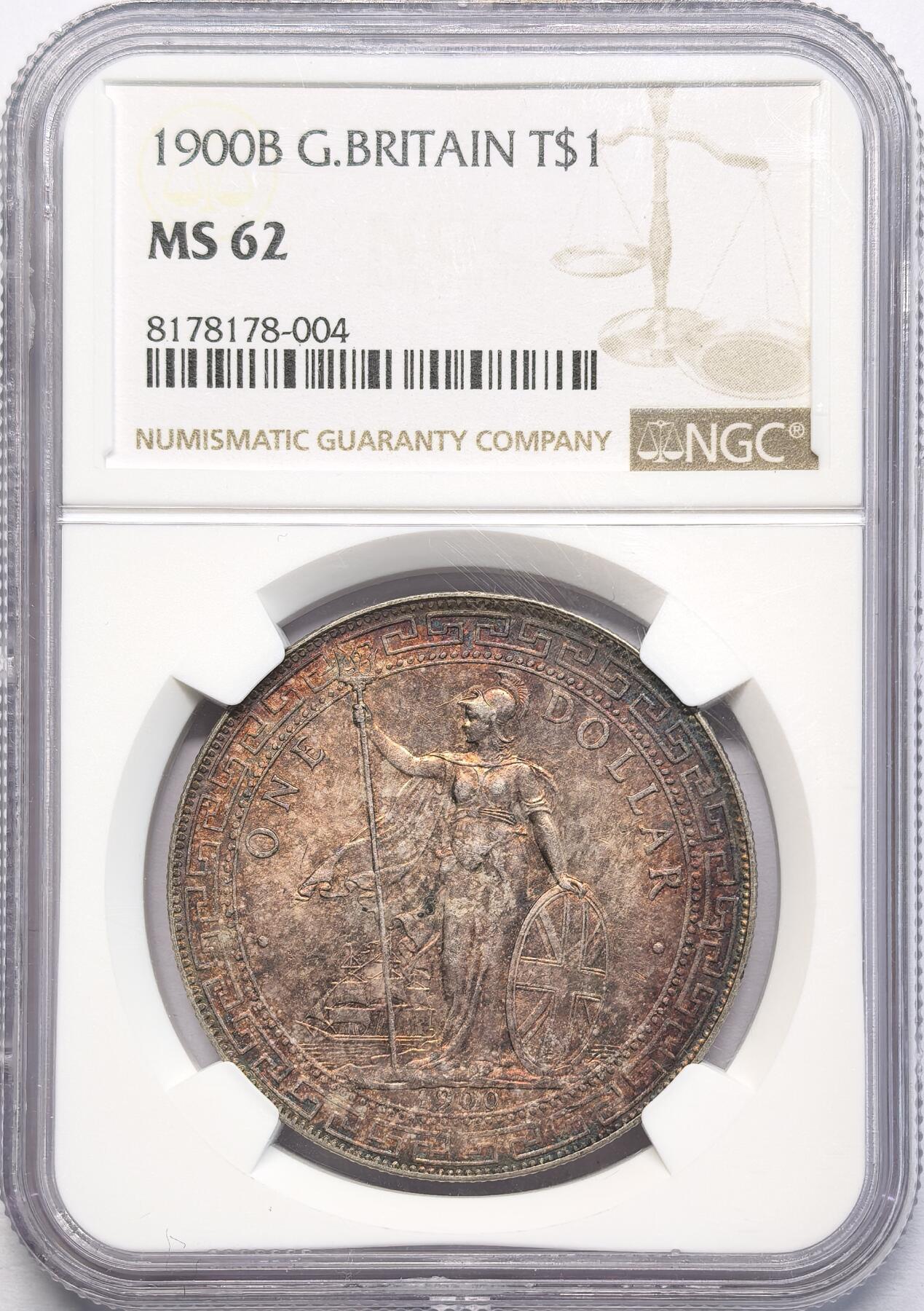凡希社世界钱币微拍第二百八十三期 1900B站洋港光壹元NGC-MS62，紫金油彩，实物相当漂亮的一枚！