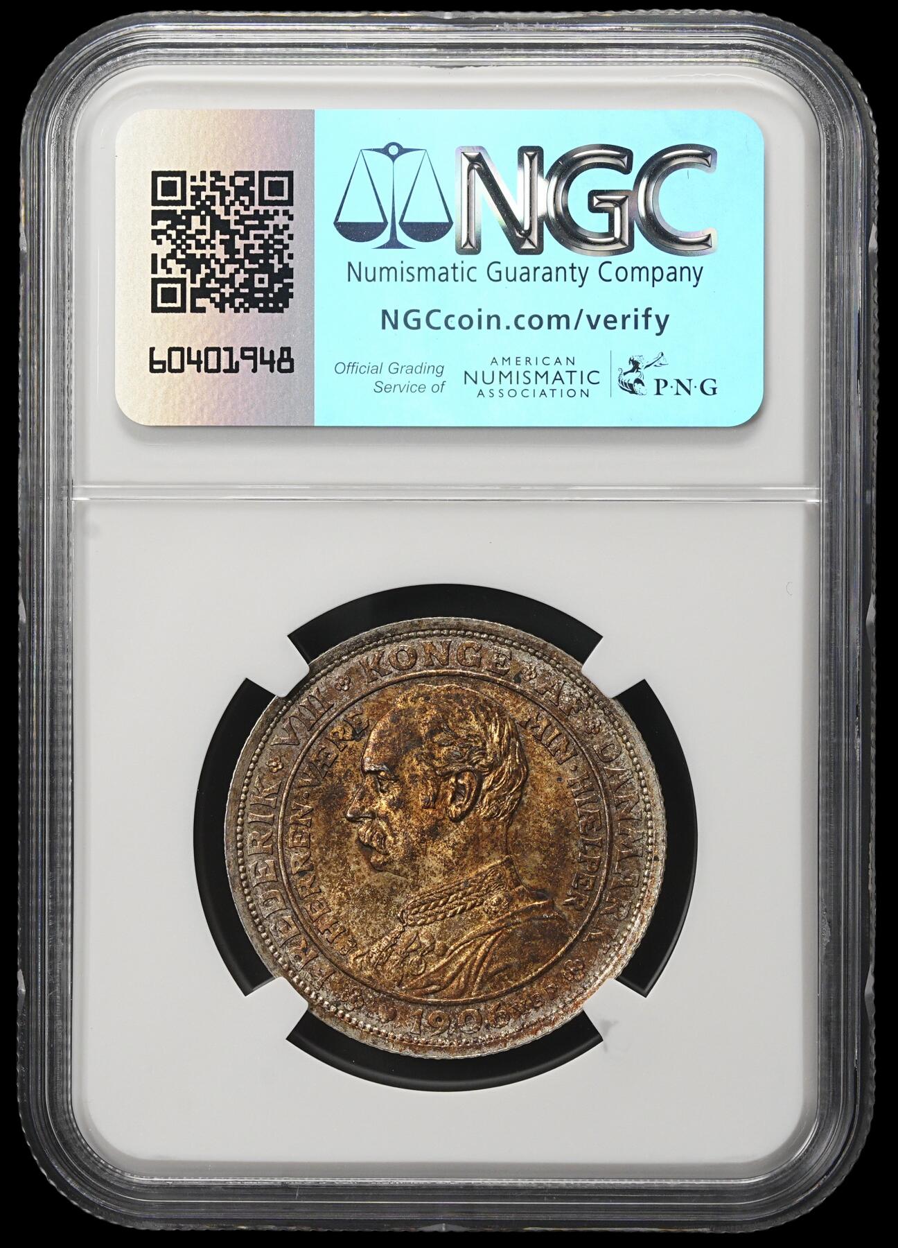 修遠堂世界钱币第三十八期 全场包邮 NGC MS64 1906年丹麦国王更迭纪念2克朗银币 阴阳面包浆一面灰彩一面重焦糖彩