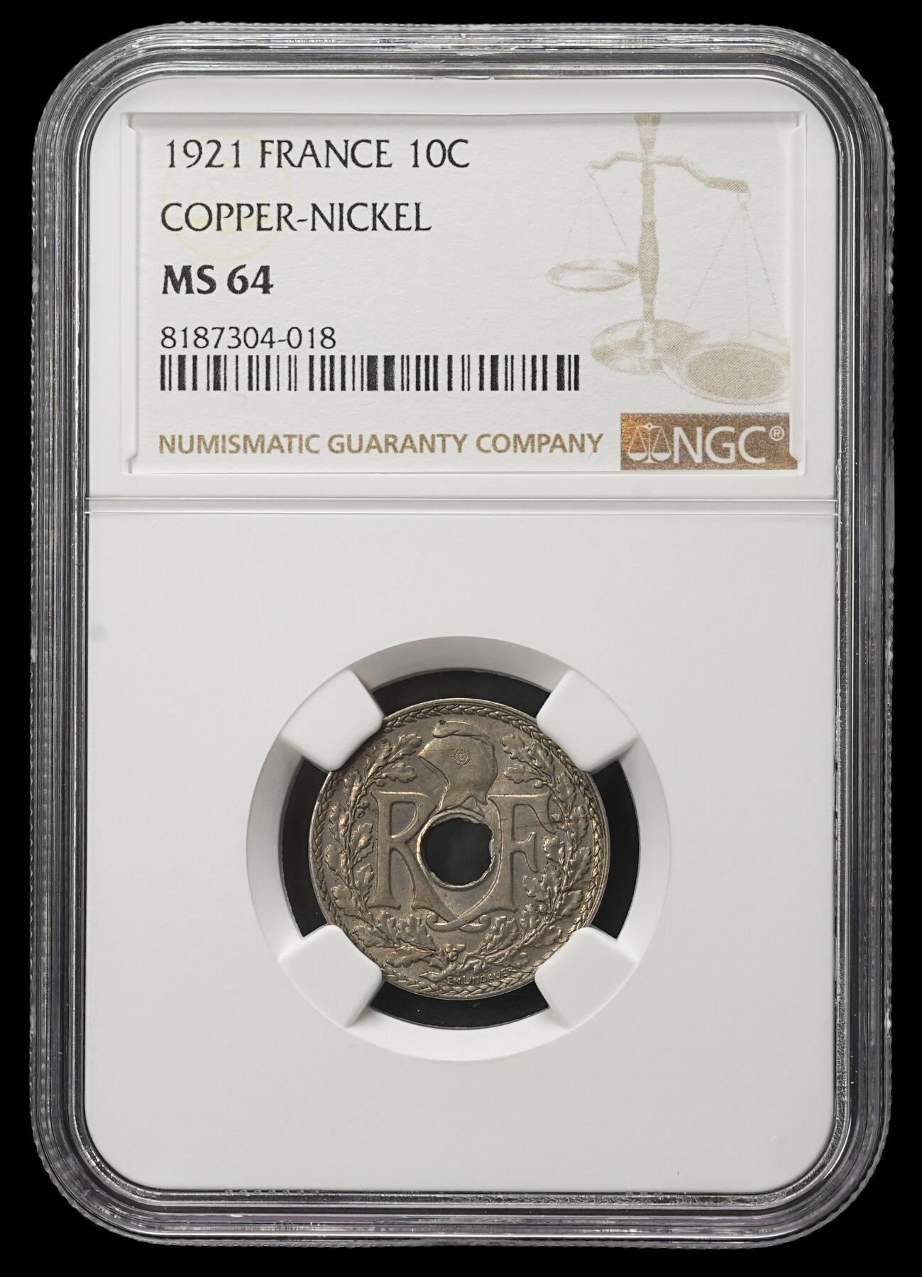 修遠堂世界钱币第三十八期 全场包邮 NGC MS64 1921年法国中孔10分