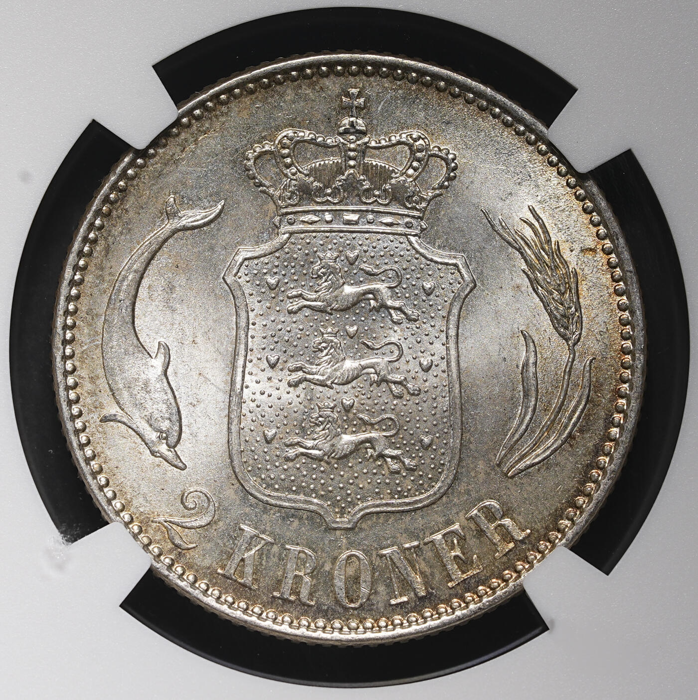 修遠堂世界钱币第三十八期 全场包邮 NGC MS64 1916年丹麦海豚2克朗银币