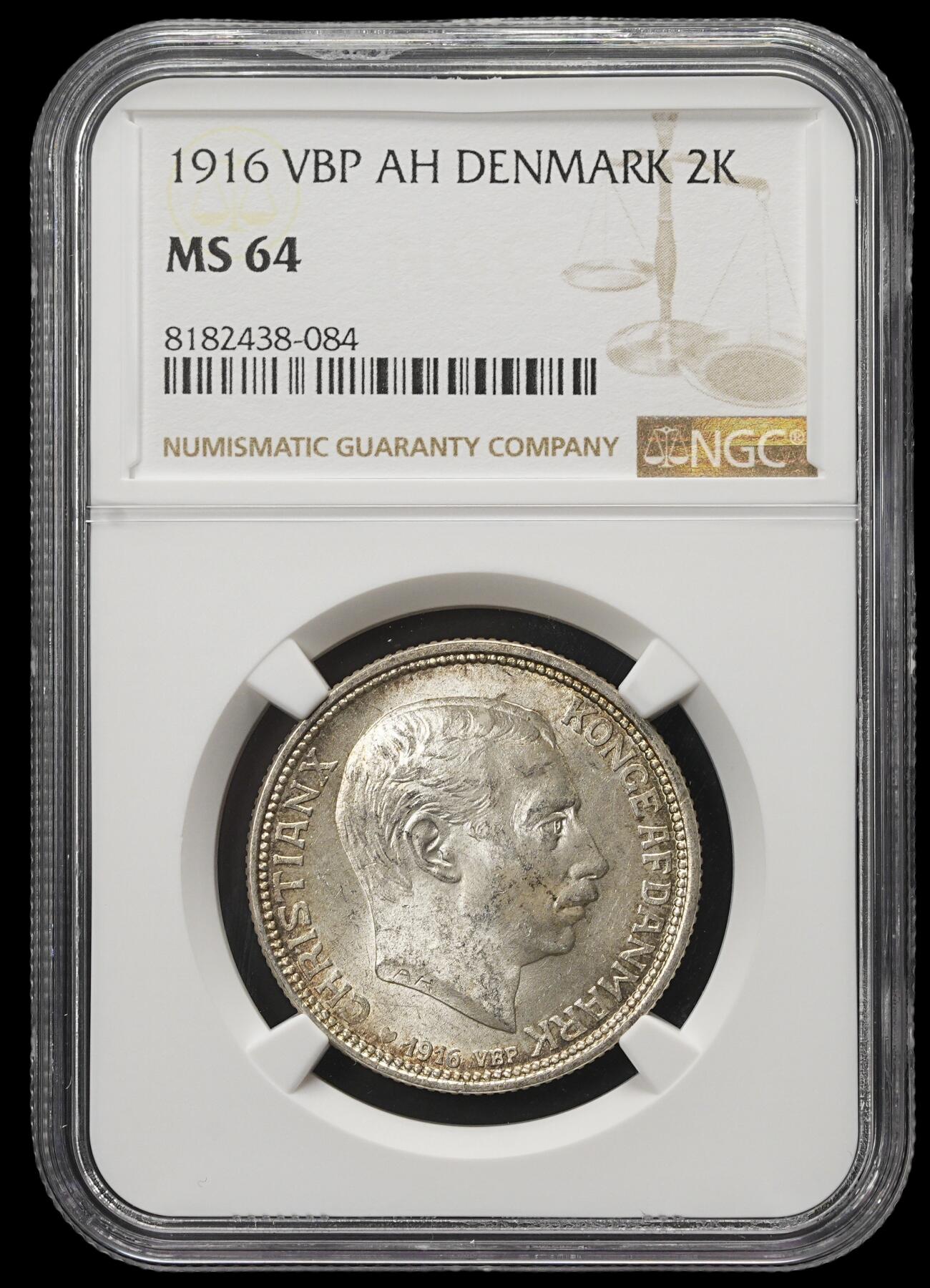 修遠堂世界钱币第三十八期 全场包邮 NGC MS64 1916年丹麦海豚2克朗银币