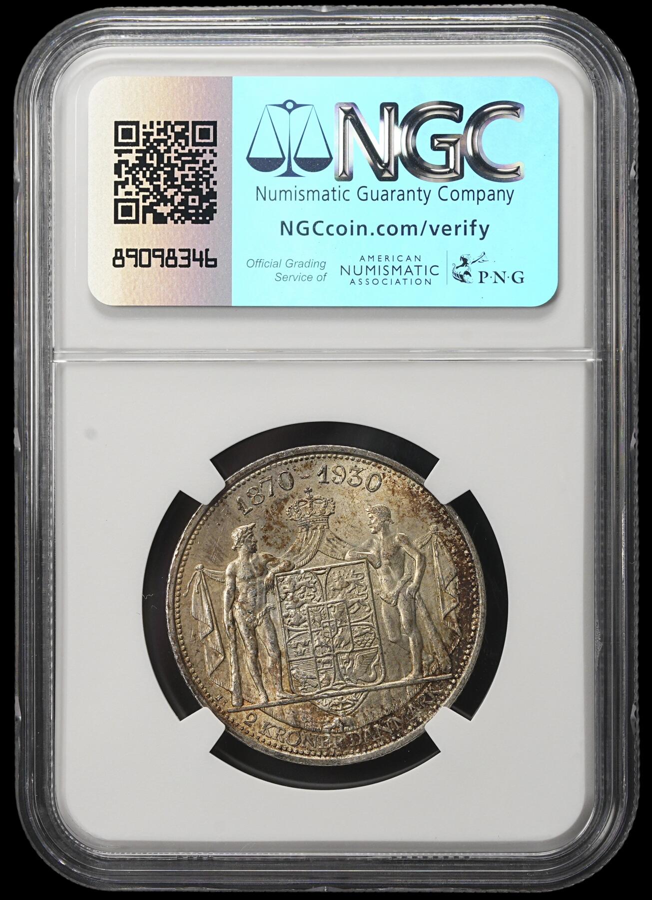 修遠堂世界钱币第三十八期 全场包邮 NGC MS64 1930年丹麦国王60大寿纪念2克朗银币 灰彩加焦糖彩