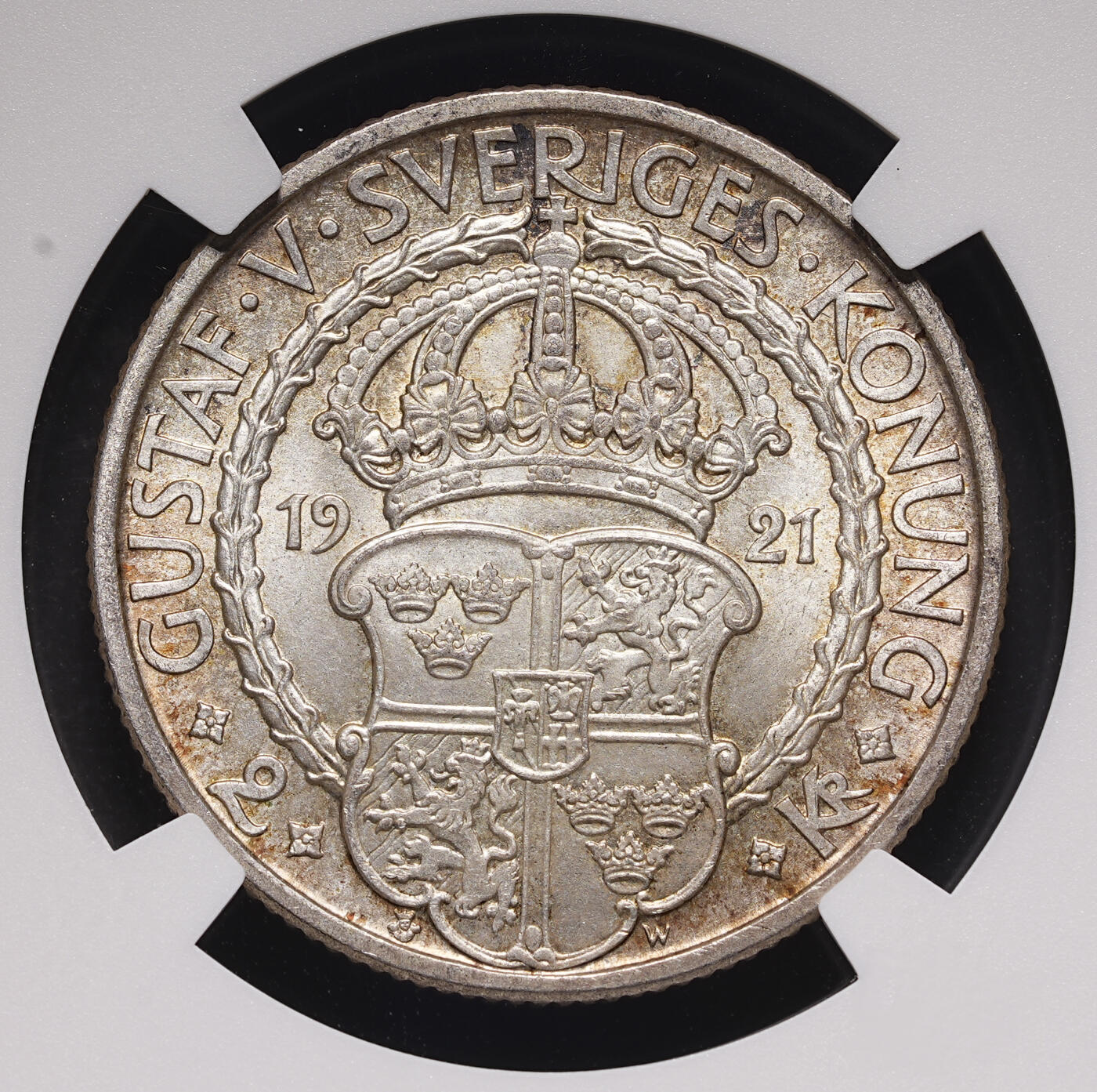 修遠堂世界钱币第三十八期 全场包邮 NGC MS66 1921年瑞典政治自由400周年2克朗银币 高分纸袋包浆