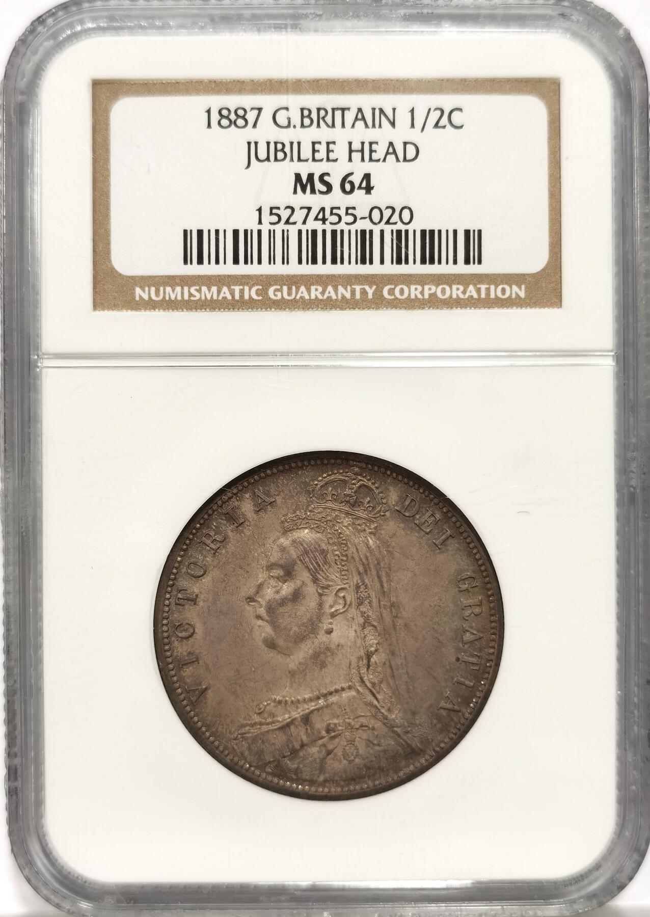博洋堂“长夏未央”8月精品专场暨第089期（全场包邮） NGC MS64 英国1887年维多利亚高冠1/2克朗银币，极美传世包浆