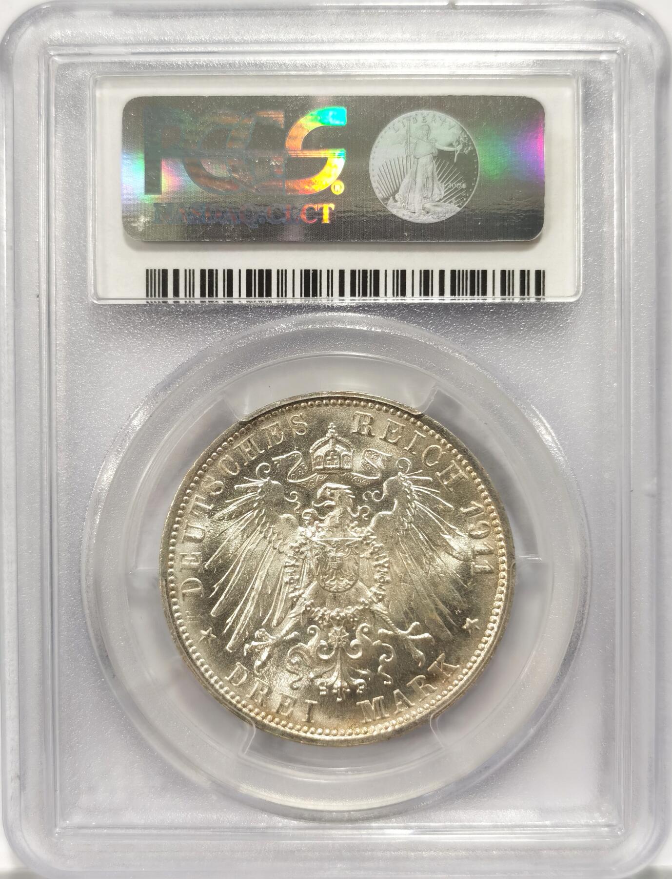 博洋堂“长夏未央”8月精品专场暨第089期（全场包邮） PCGS MS65 德国符腾堡1911年银婚纪念三马克银币  发行量仅几十万枚 霜感极强