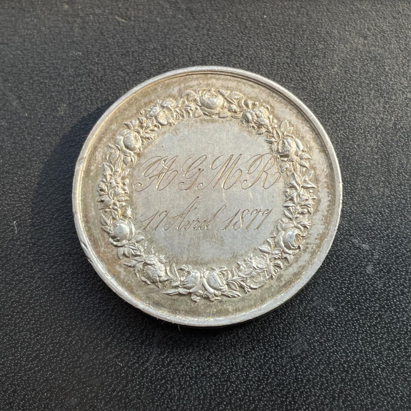 「木头集藏」章牌专场-第46期 1877年法国婚礼银章  直径：33.5 mm，15.8 g，边铭：蜜蜂 ARGENT （1860-1879年）
